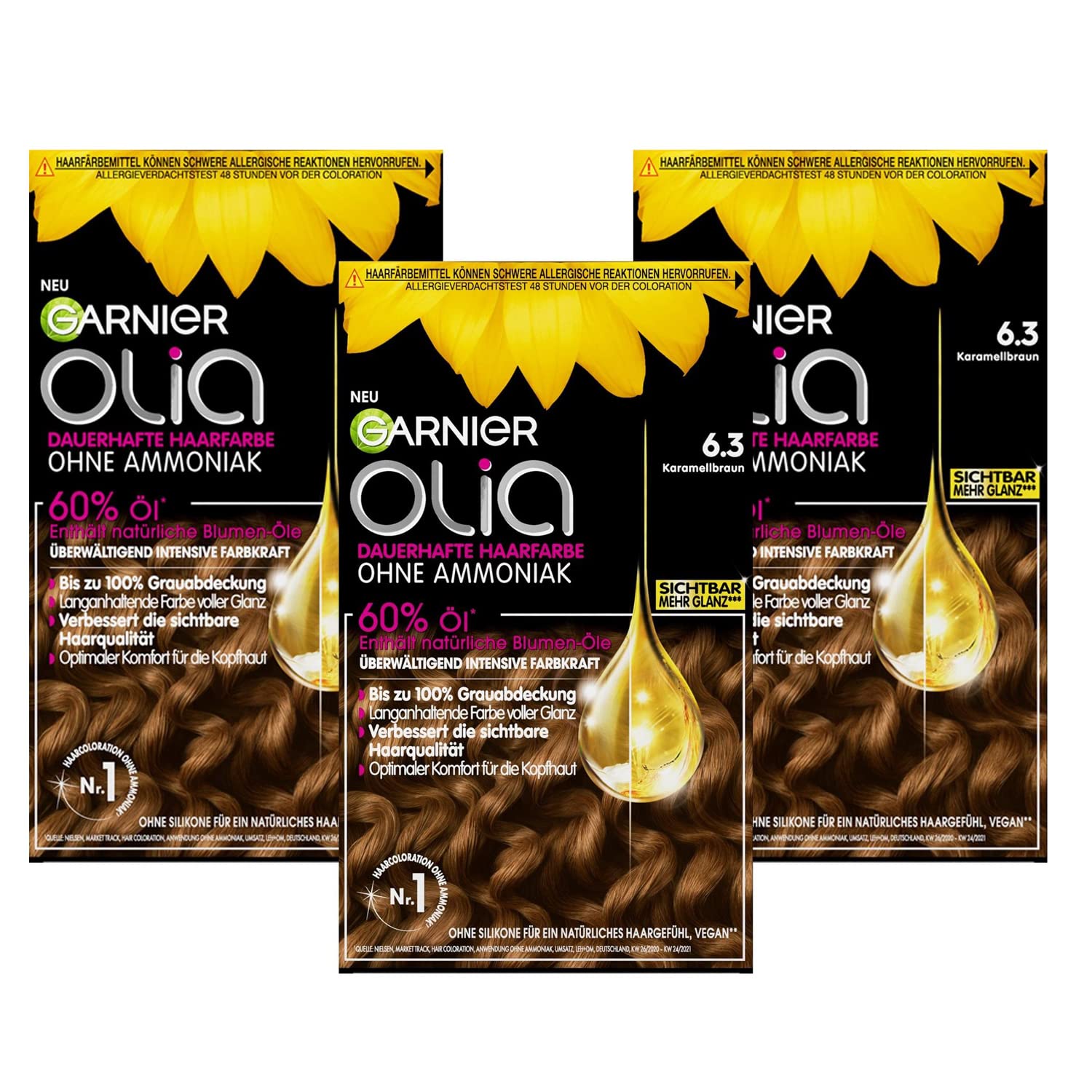 Garnier Olia Permanent Hair Color without Ammonia, with Nourishing and Natural Oils, Full Gray Hair Coverage, Permanent Coloration, No. 6.3 Black, 3 x Pack