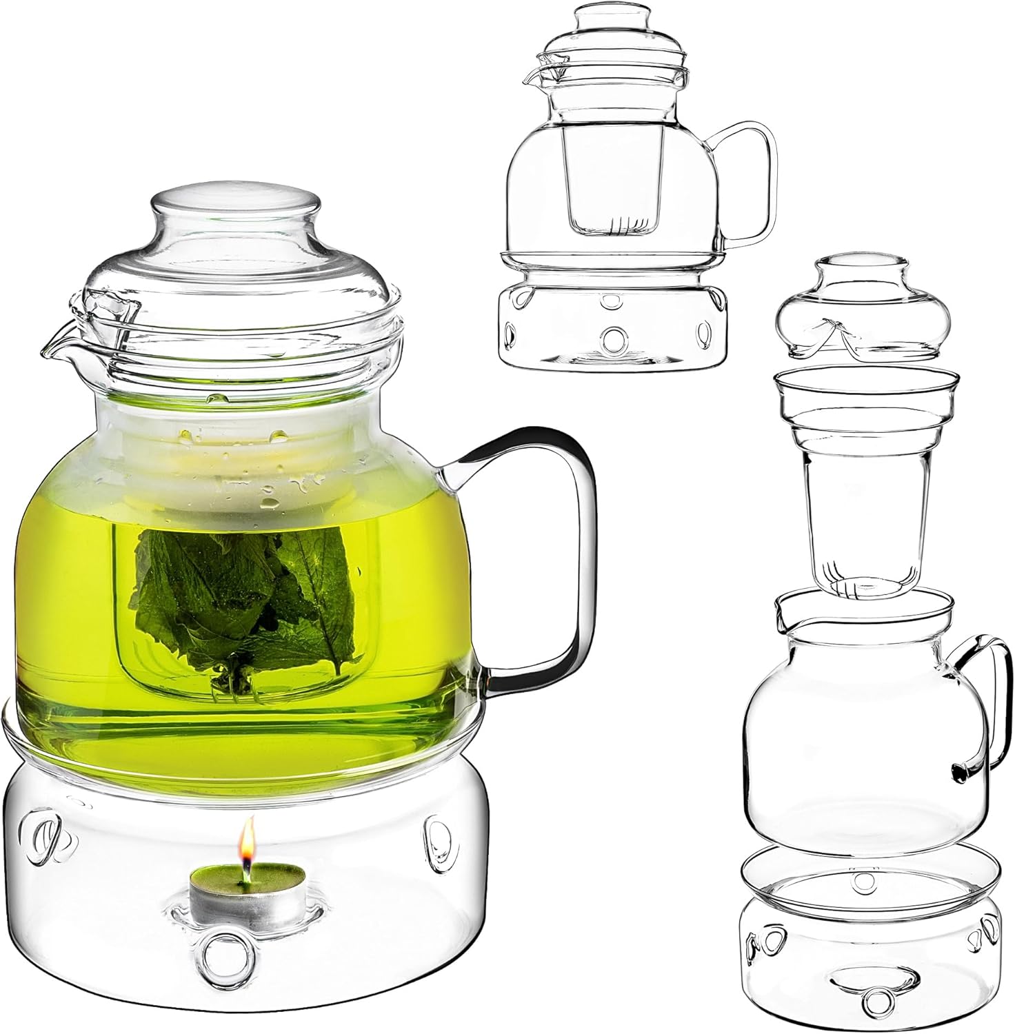 KADAX Teapot 1.5 L with Warmer Set, Glass Teapot with Tea Cosy, Glass Pot with Strainer Insert and Lid for Loose Tea, Glass Jug, Tea Service (with Strainer)