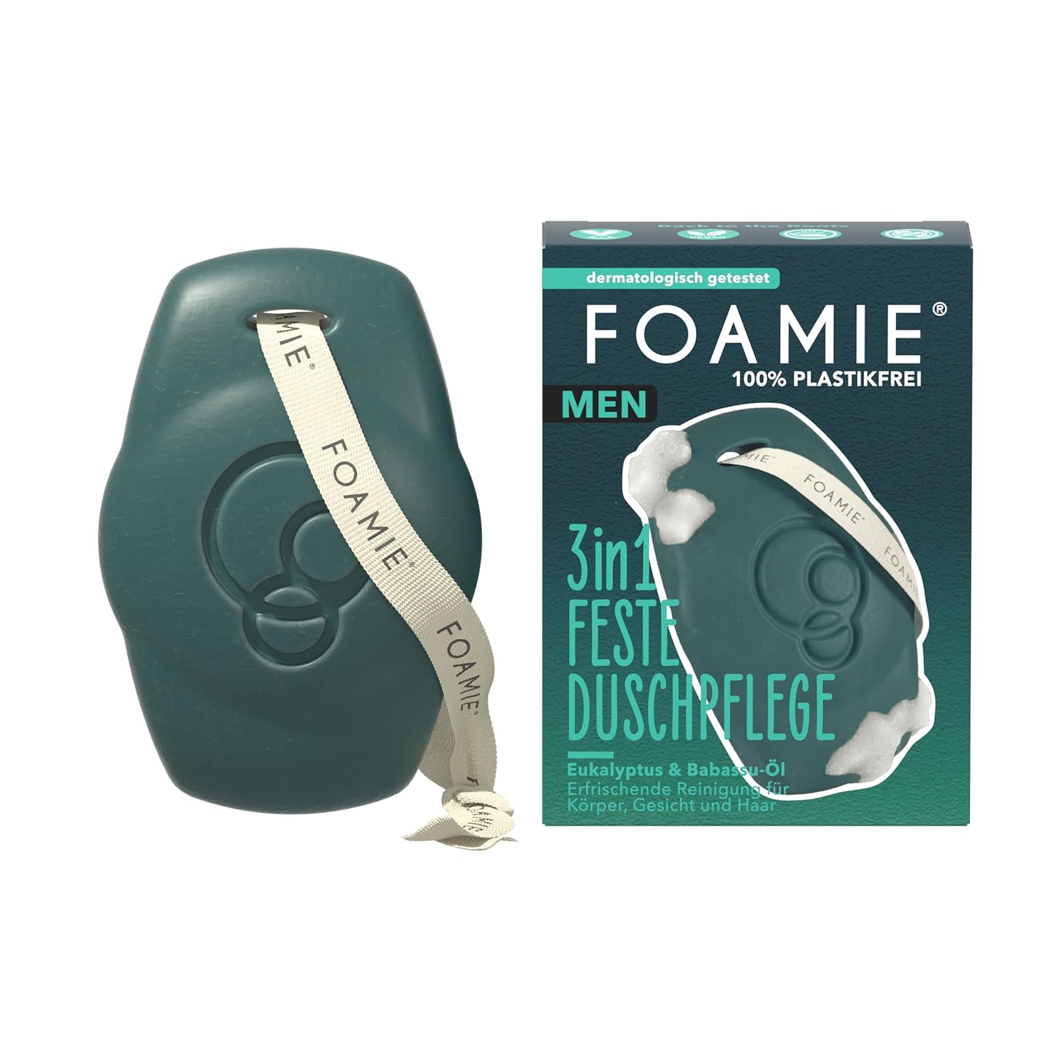 Foamie Men 3in1 Solid Shower Care Back to the Roots | For body, face & hair | With babassu & eucalyptus oil | pH skin-neutral | Vegan & plastic-free | 80g