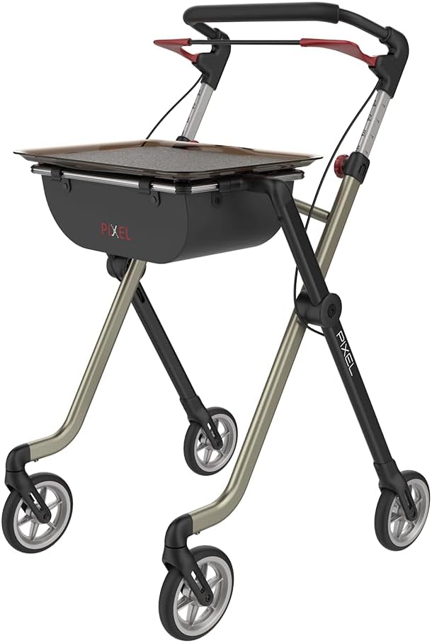 SoNa24 Indoor Rollator PIXEL by Rehasense | only 5.2 kg | maneuverable, narrow, foldable with tray, 2 pockets, parking brake | Click]Safe locking mechanism (black/champagne)
