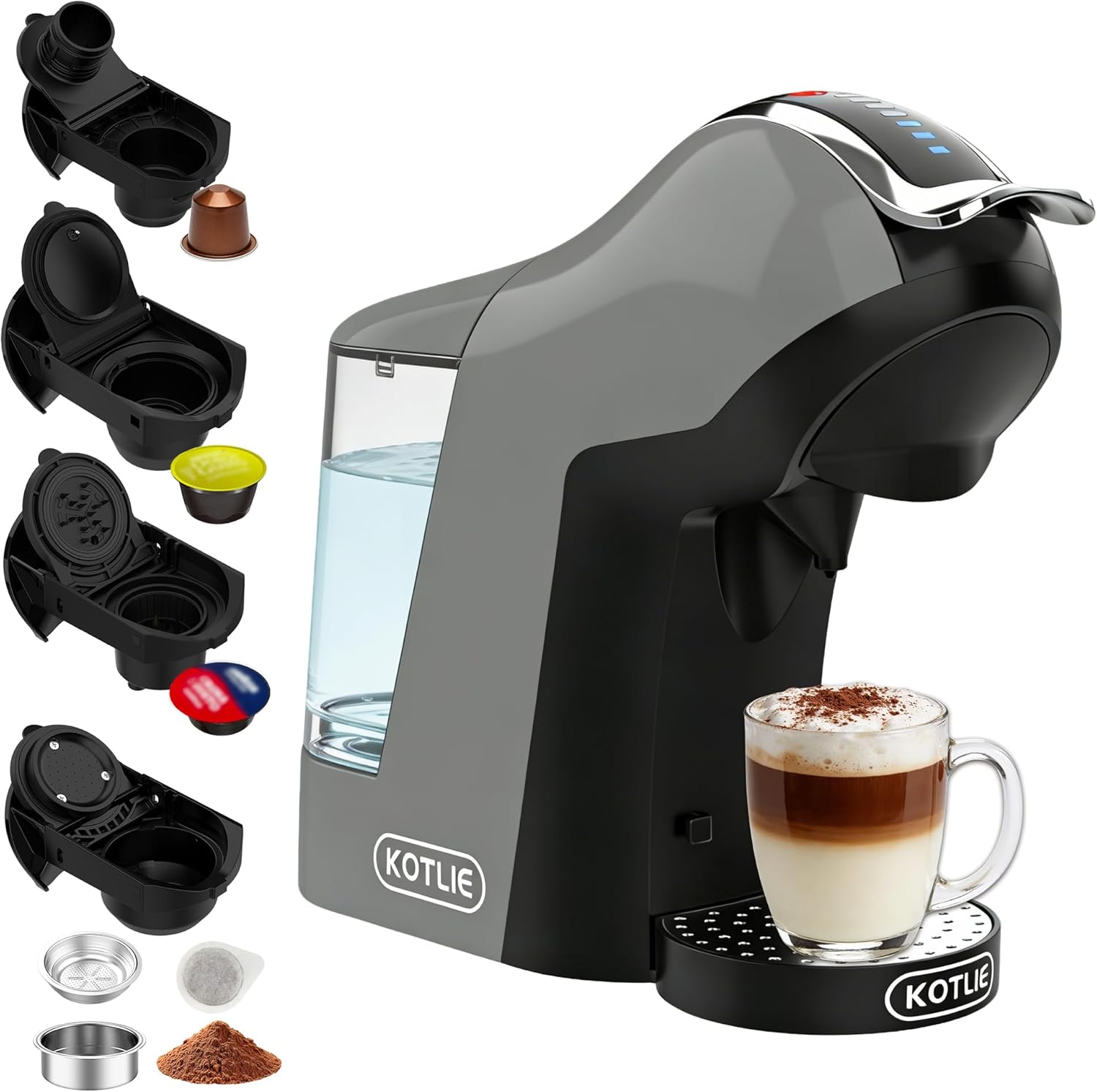 KOTLIE Store EM-308B 5-in-1 Capsule Coffee Machine 19 Bar, Multi-Capsule Machine for Nespresso Original/Dolce Gusto/ESE Pads (44 mm)/Coffee Powder, 1 L Water Tank, 3 Temperatures/7 Water Quantities, Green