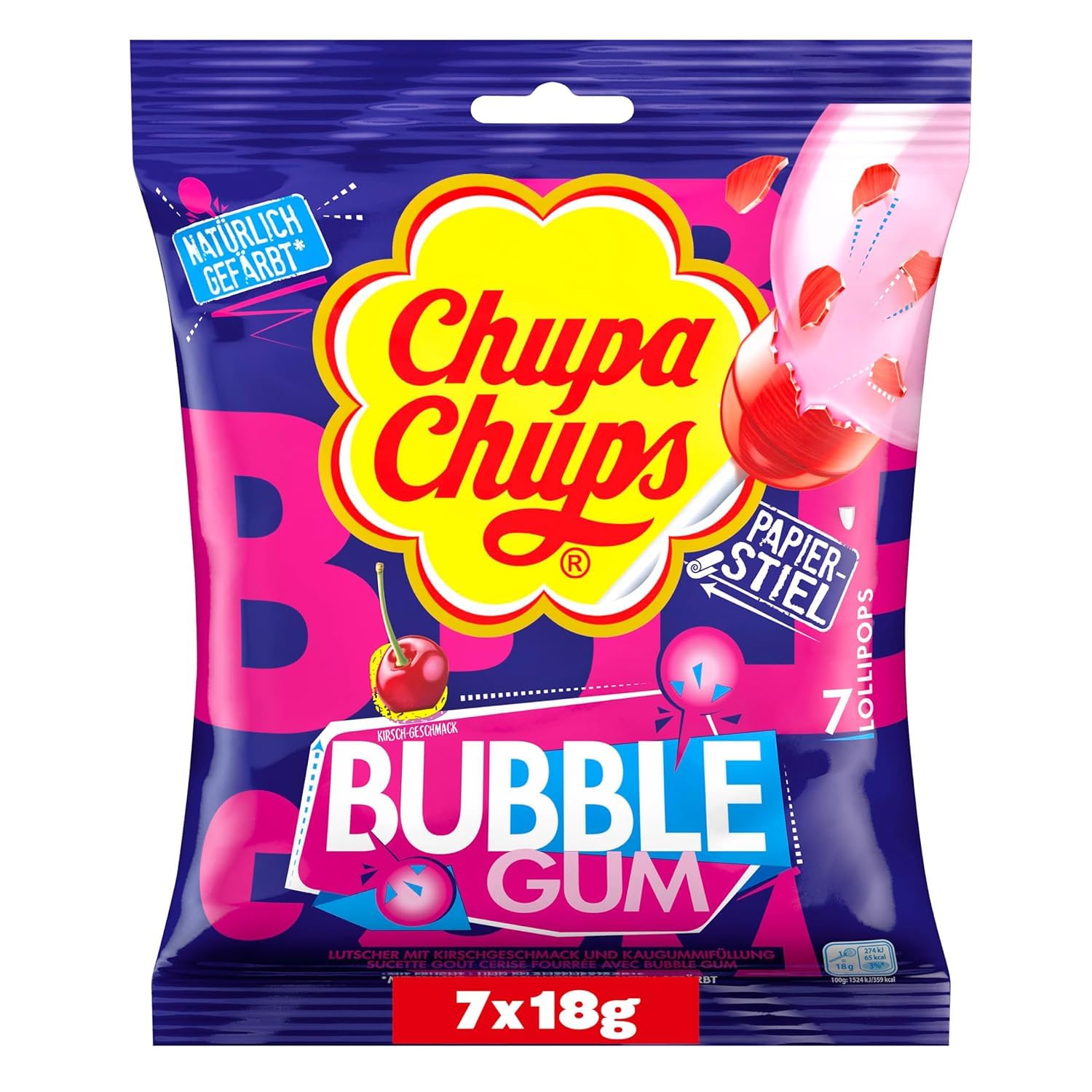 Chupa Chups Store Chupa Chups Lollipop Multi Maxi Bubble Gum Refill Bag with 7 Lollipops, Refreshing Sweet Bubble Gum Flavor, Suitable for Birthday, 7 x 18g