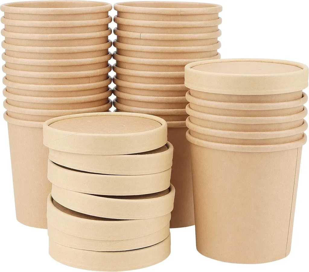 BundiGlassware 50 x 460ml disposable soup cups, brown to-go soup cups with lids, cardboard ice cream cups with lids, paper cups for ice cream, soup, microwave and freezer safe