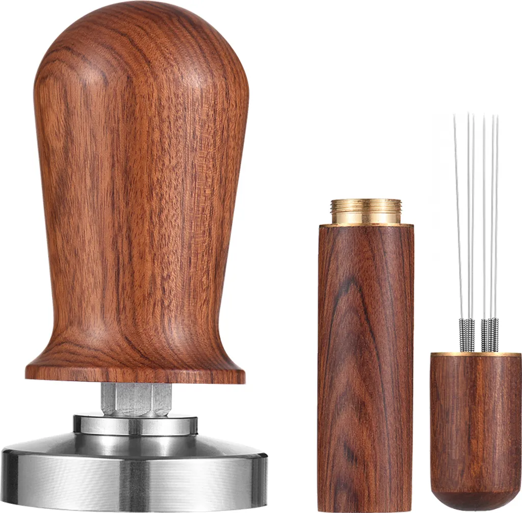homgeek 51 mm espresso tamper and stirrer set, calibrated coffee tamper with spring-loaded, flat 304 stainless steel base, barista wooden handle press for espresso machine