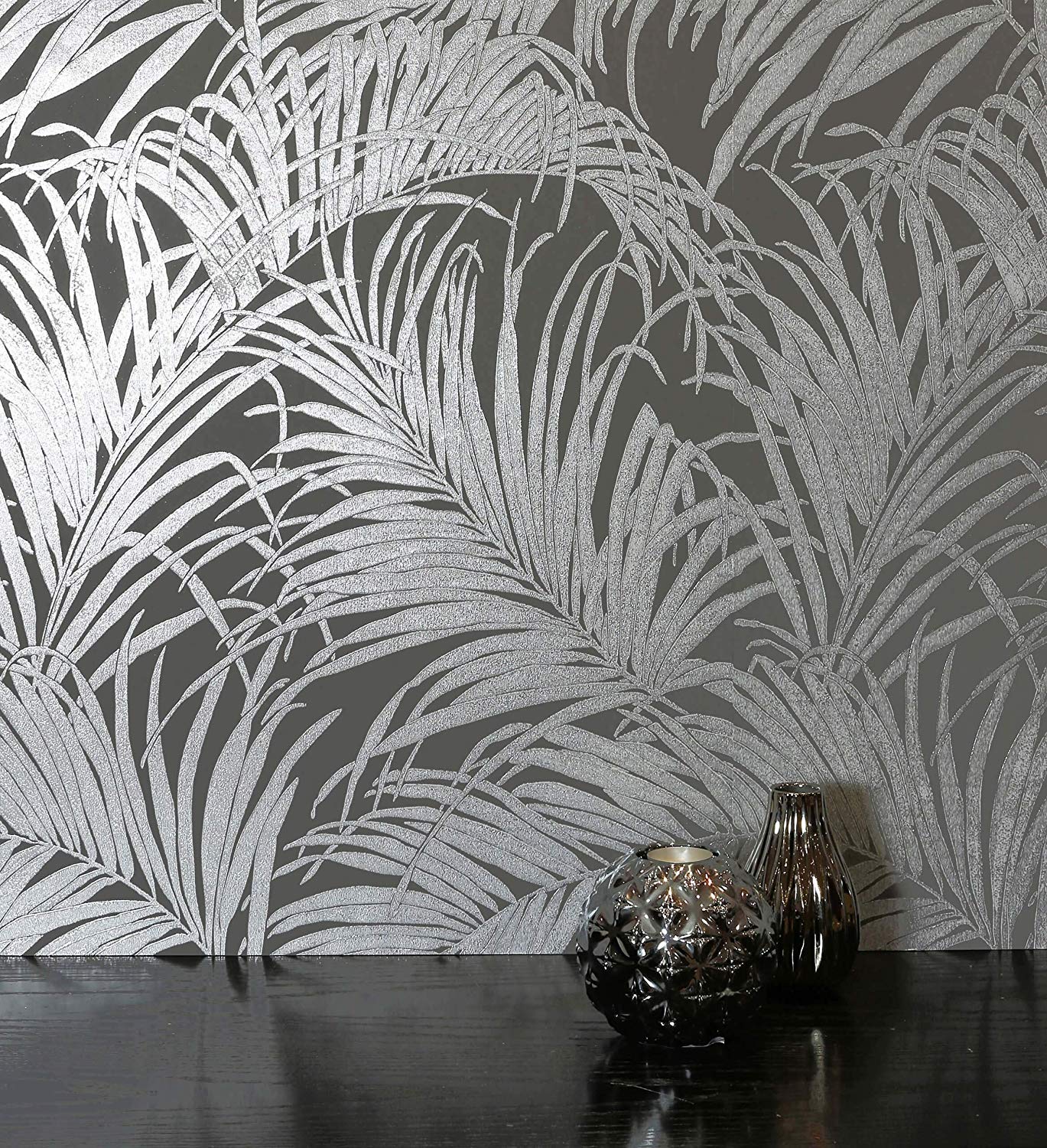 Newroom Design Newroom Flower Wallpaper Grey Leaves Palm Leaf Floral Non-Woven Wallpaper G