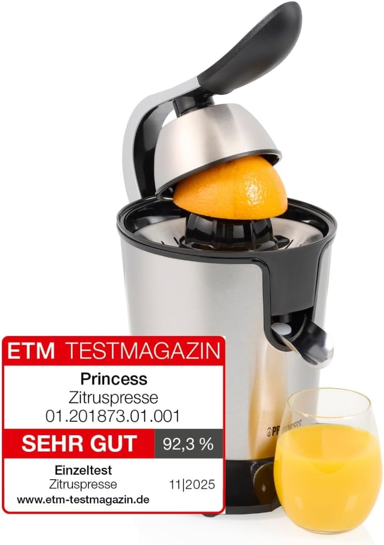 Princess 201873 Stainless Steel Citrus Juicer, 1000 W, 2 Press Cones, Adjustable Pulp Filter, Direct Serving System, Anti-Drip Function, Dishwasher Safe Parts, Non-Slip Feet