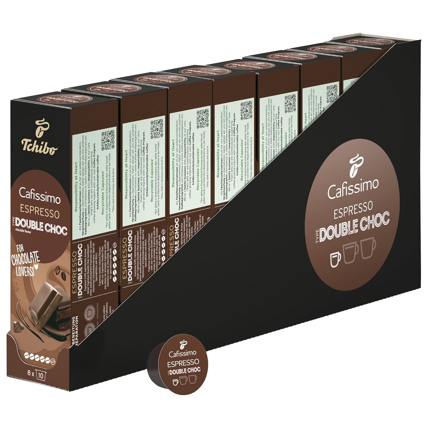 Tchibo Store Tchibo Cafissimo Storage Box Flavoured Summer Edition Espresso Double Choc Coffee Capsules, 80 Pieces (8 x 10 Capsules), Sustainable & Fair Trade, Premium Quality