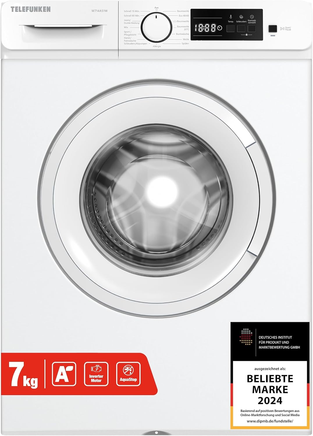 Telefunken Washing Machine 7 kg | Front Loader 1400 rpm | Energy Class A | Inverter Motor | AquaStop | Gentle Drum | 15 Programmes | Start Time Delay | Child Lock | LED Display | W714AS1W White