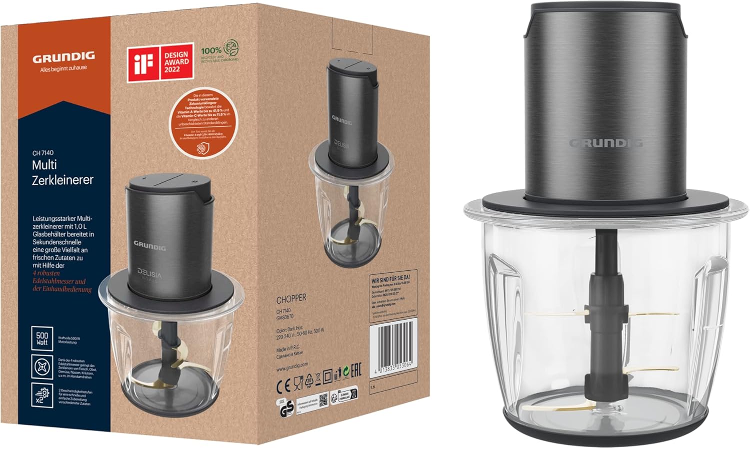 Grundig Delisia Novus CH 7140 Professional Multi Chopper, 500 Watt, 4 Stainless Steel Blades with Zirconia Coating, 1 Liter Glass Container, 2 Levels, Non-Slip Base, Dark Inox/Black