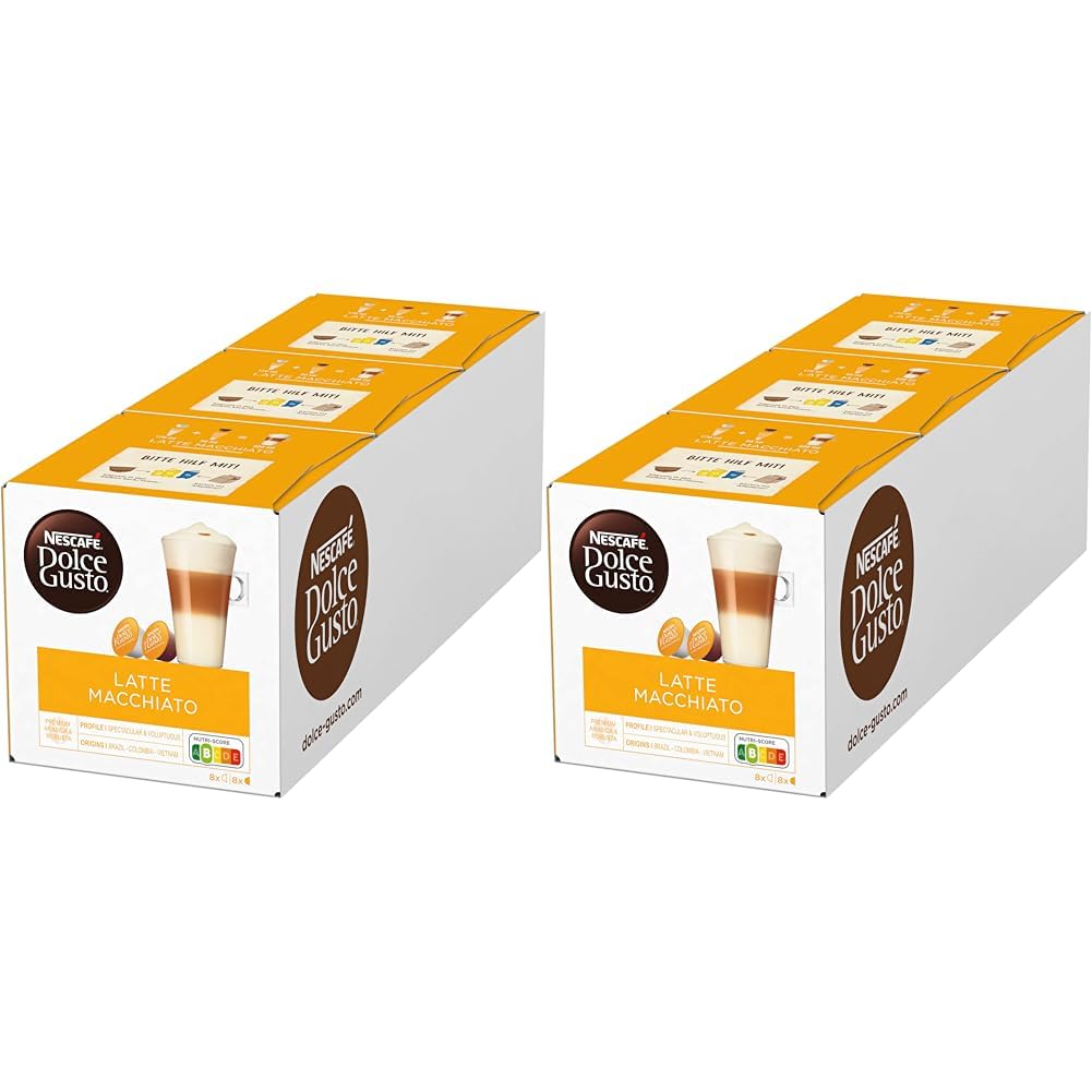 NESCAFÉ Dolce Gusto Latte Macchiato, 48 Coffee Capsules, Aromatic Espresso, 3-Layer Delicacy Made of Fine Milk Foam, Aroma Sealed Capsules, Pack of 6 (3 x 16 Capsules)