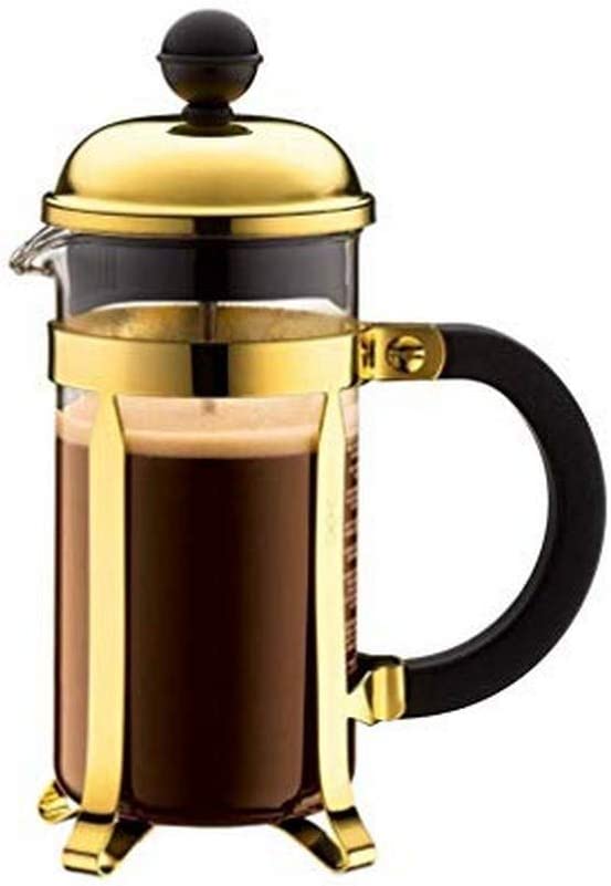 Bodum Chambord Coffee Maker 3 Cups with Metal Frame, Chrome, Gold, 7.5 x 13.5 x 18.9 cm