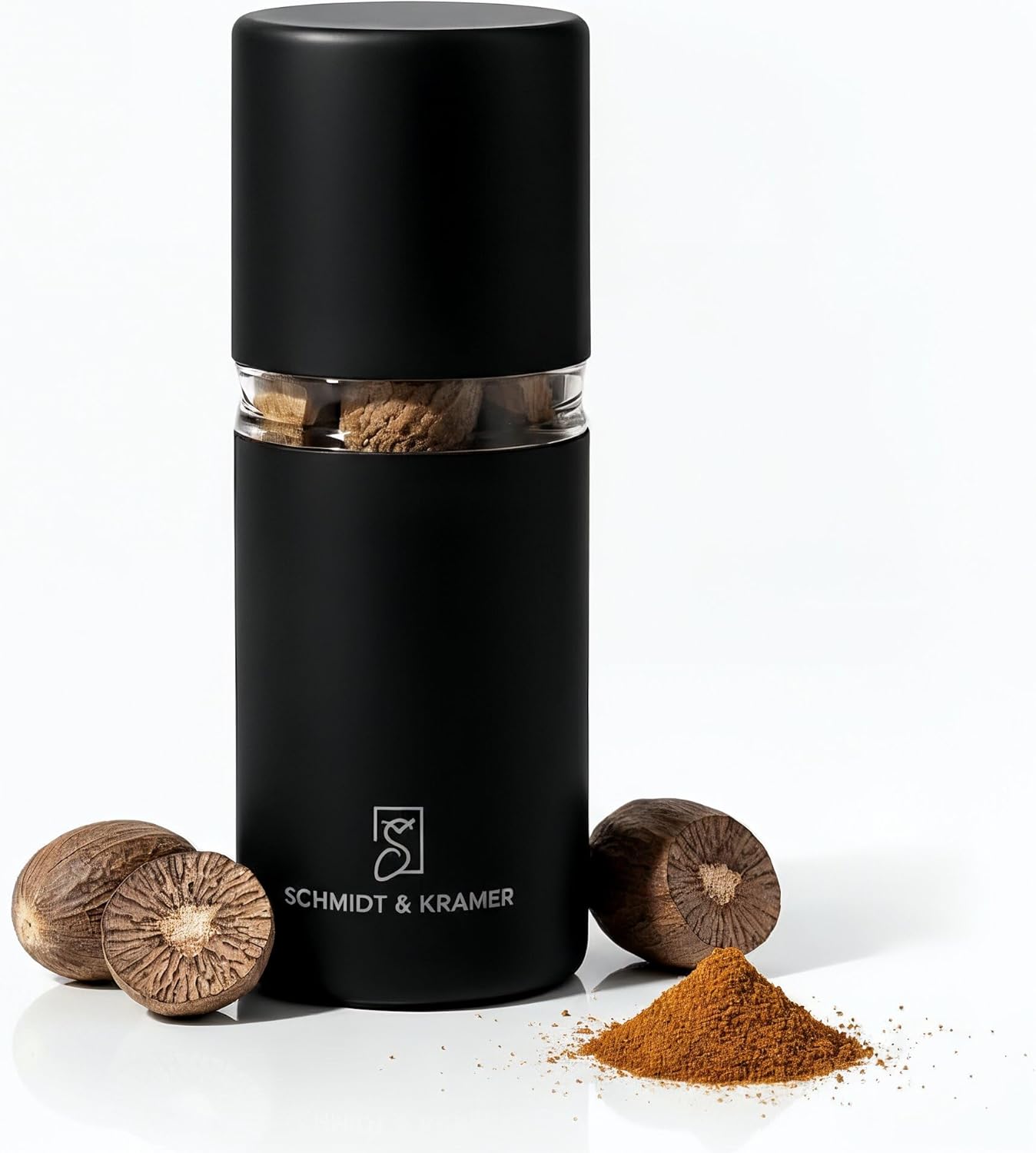 SCHMIDT & KRAMER Nutmeg Mill, High-Quality Stainless Steel Nutmeg Mill with Storage Container, Sharp Steel Grinder to Enjoy Fresh Nutmeg Flavors Effortlessly (Midnight)