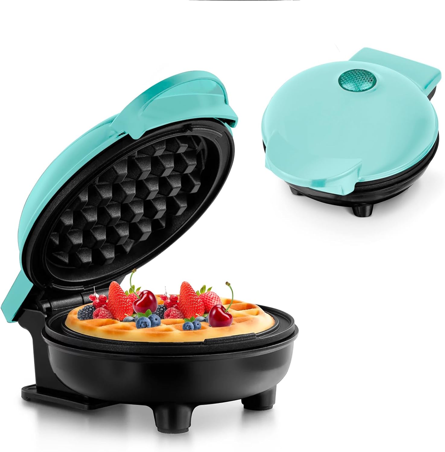 KOOSREEL Mini Waffle Iron for Classic Waffles, Small Waffle Maker with Non-Stick Coating Retro Design for Birthdays, Family Parties, Red