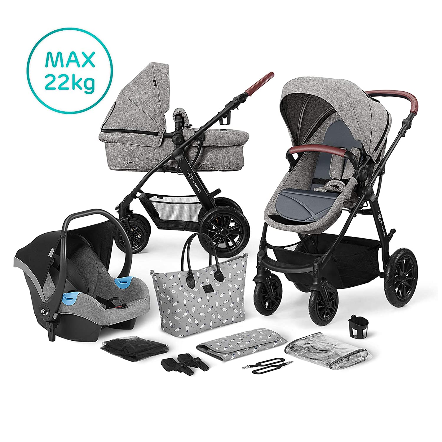 kk Kinderkraft Kinderkraft Pram 3-in-1 XMOOV Pushchair Set, Pushchair, Buggy and Carry Cot in One, Baby Seat, Rubber Wheels with Suspension, Folding, Accessories Set, Elegant Shopping Bag, Grey