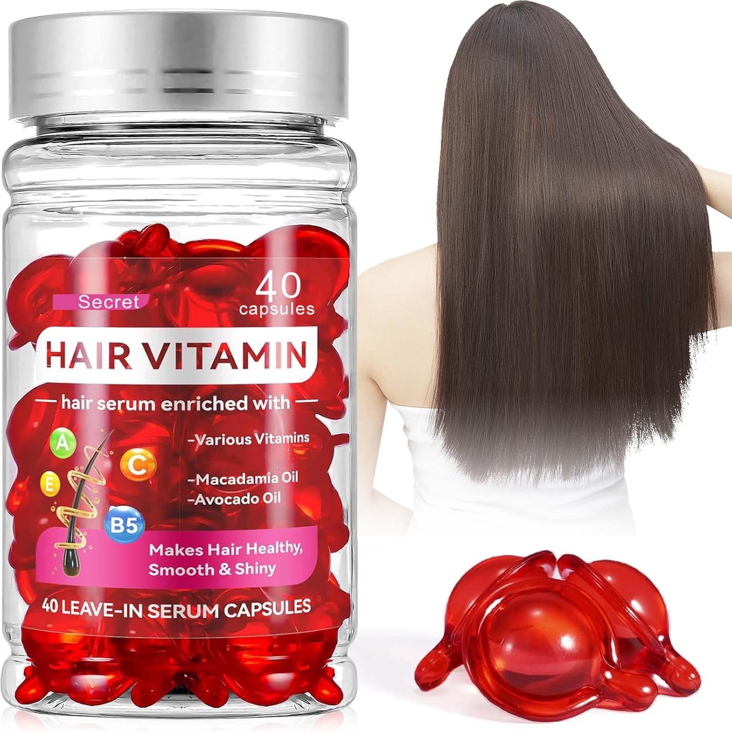 Hair Vitamins Serum Capsule, Pack of 40 Hair Oil Hair Care Capsules, Vitamin B5 Hair Serum, Moisturizing Hair Oil Hair Vitamins, Anti-Frizz Hair Breakage, Repair, Rich in Vitamin A, C, E, B5 (Pack of