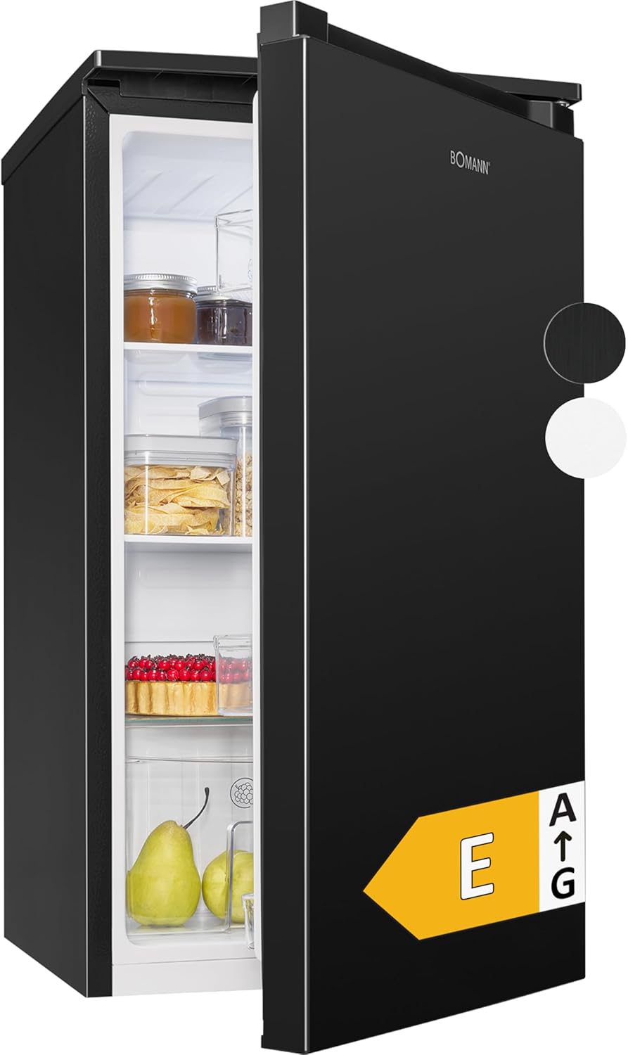 Bomann Fridge without Freezer, 87 L, Energy Efficient, Quiet and Compact, 0 °C - 8 °C, Infinitely Adjustable, 3 Shelves and Vegetable Compartment, Door Hinge Changeable, Standard Fridge, VS 7255 Black