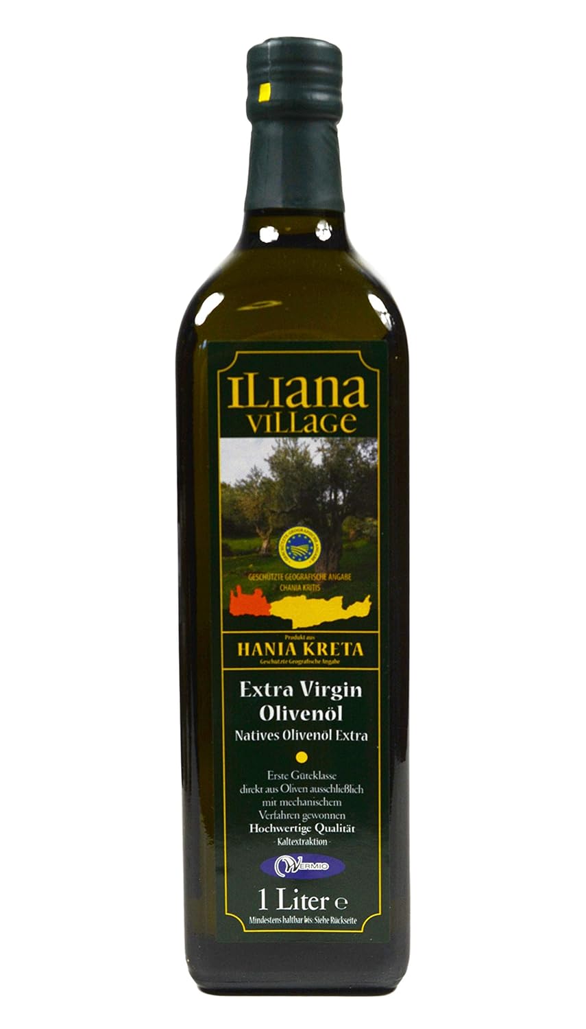 FOXCUP Iliana Village Cold Pressed Olive Oil - 2 x 1L Bottles - Crete Chania Kritis Extra Virgine Low Acid Hand Picked Olives Cold Mechanical Extracted Virgin Olive Oil First Pressing