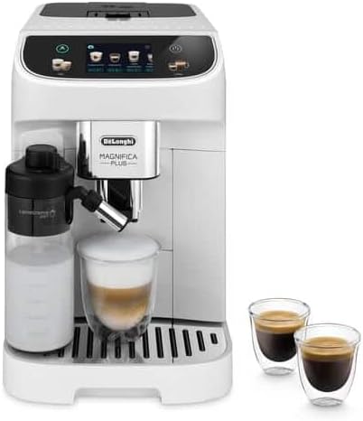 De\'Longhi Magnifica Plus ECAM320.60.W, Fully Automatic Coffee Machine with LatteCrema Hot for Automatic Cappuccino, 4 Recipes, Soft Touch Color Display, Extra Shot Function, x2 Function, White