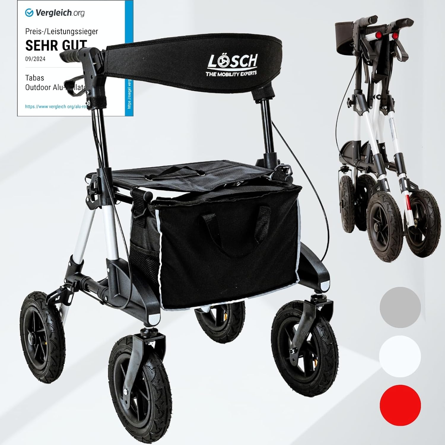 TABAS Rollator Foldable & Lightweight with Seat I Price/Performance Winner I Outdoor Rollator with Pneumatic Tires, Seat & Back Strap, Bag & Stick Holder I Rollator for Seniors I Walking Aid by Lösch
