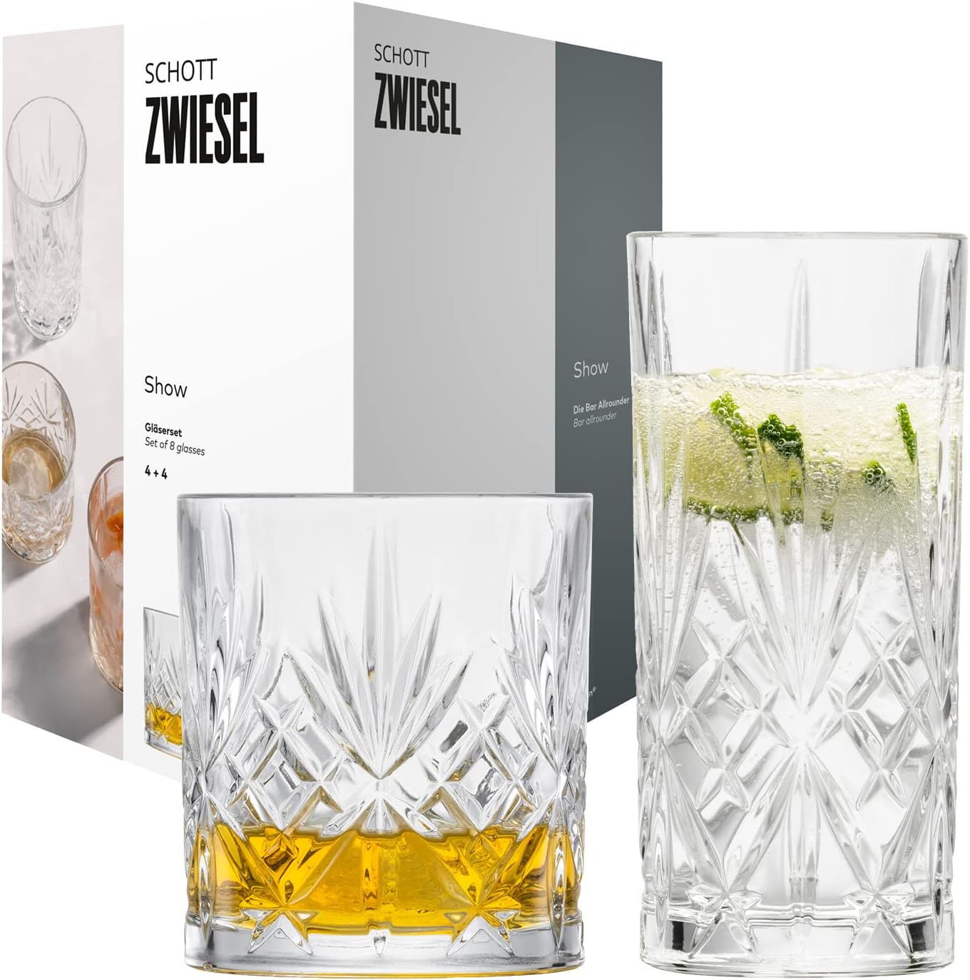 SCHOTT ZWIESEL Show Glasses Set of 8, 4 Graceful Long Drink Glasses and Whiskey Glasses with Relief Dishwasher Safe Crystal Glasses (Item No. 121881), Crystal