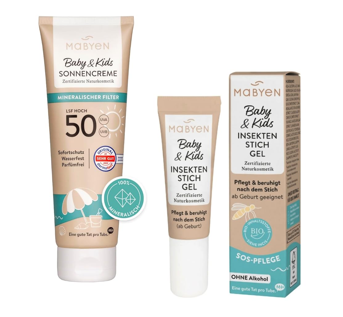 MABYEN Baby & Kids Summer Heroes Set - Mineral Sun Cream SPF 50 & Insect Bite Gel, Fragrance & Alcohol Free, for Sensitive Skin from Birth, Recycled Tubes
