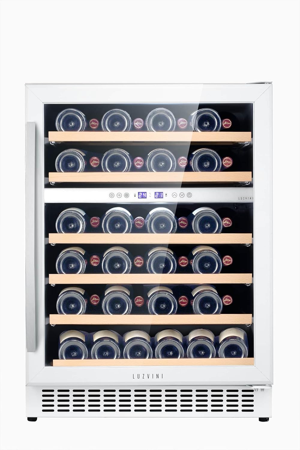 LV45W White Built-in Wine Climate Cabinet - Wine Fridge with 2 Zones - 45 Bottles, Low Energy Consumption 116 kWh, Compressor Cooling and 6 Sliding Beech Wood Support Surfaces
