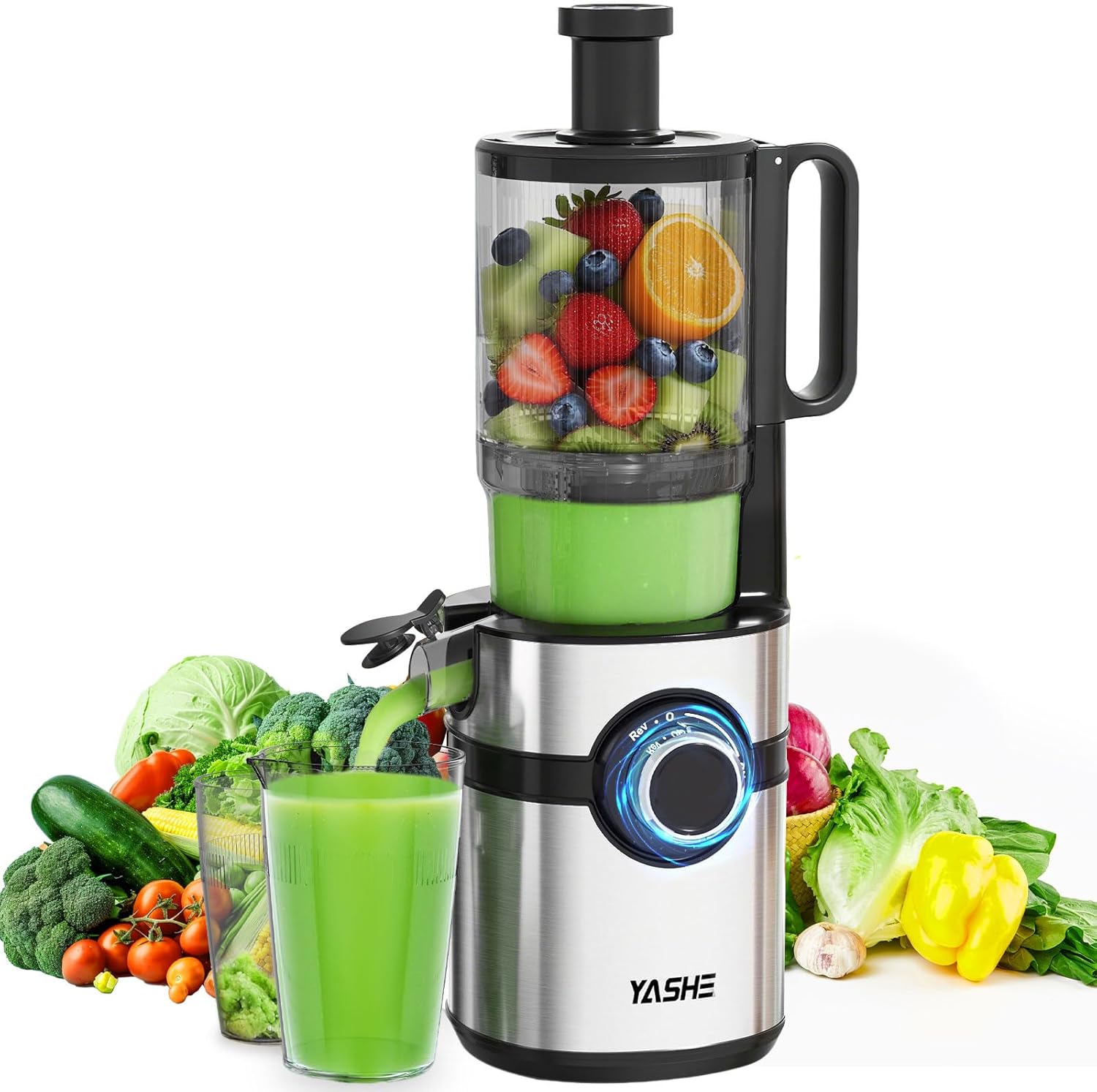 YASHE Slow Juicer with 5 Inch Filling Chute for Whole Fruits and Vegetables, Self-Feed Juicer, High Juice Yield, Easy to Clean, Black