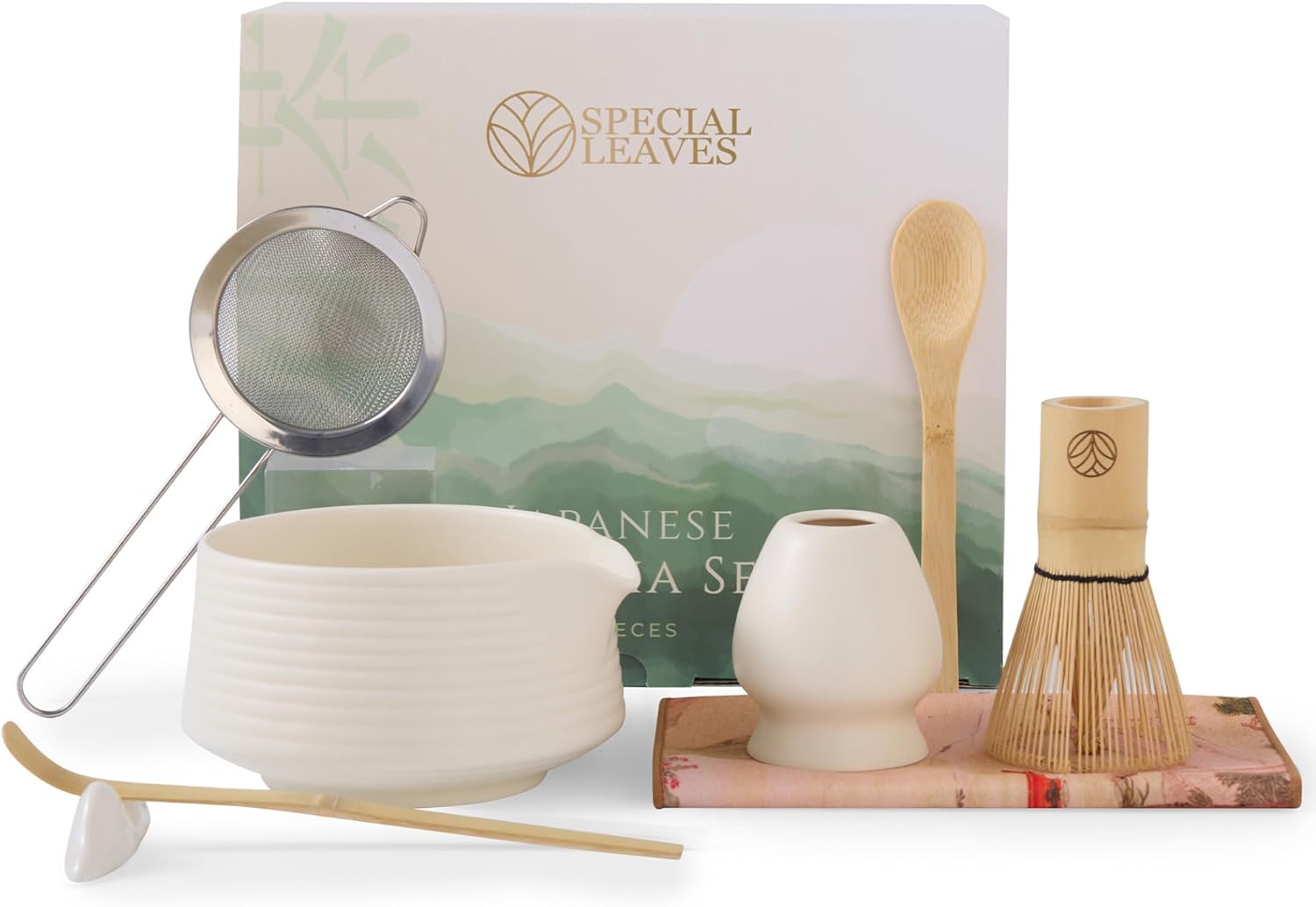 Matcha Set - White - 8-Piece Matcha Tea Set - Matcha Broom, Bowl, Spoon, Scoop, Strainer, Holder & Accessories - Premium Matcha Kit for Matcha Lovers