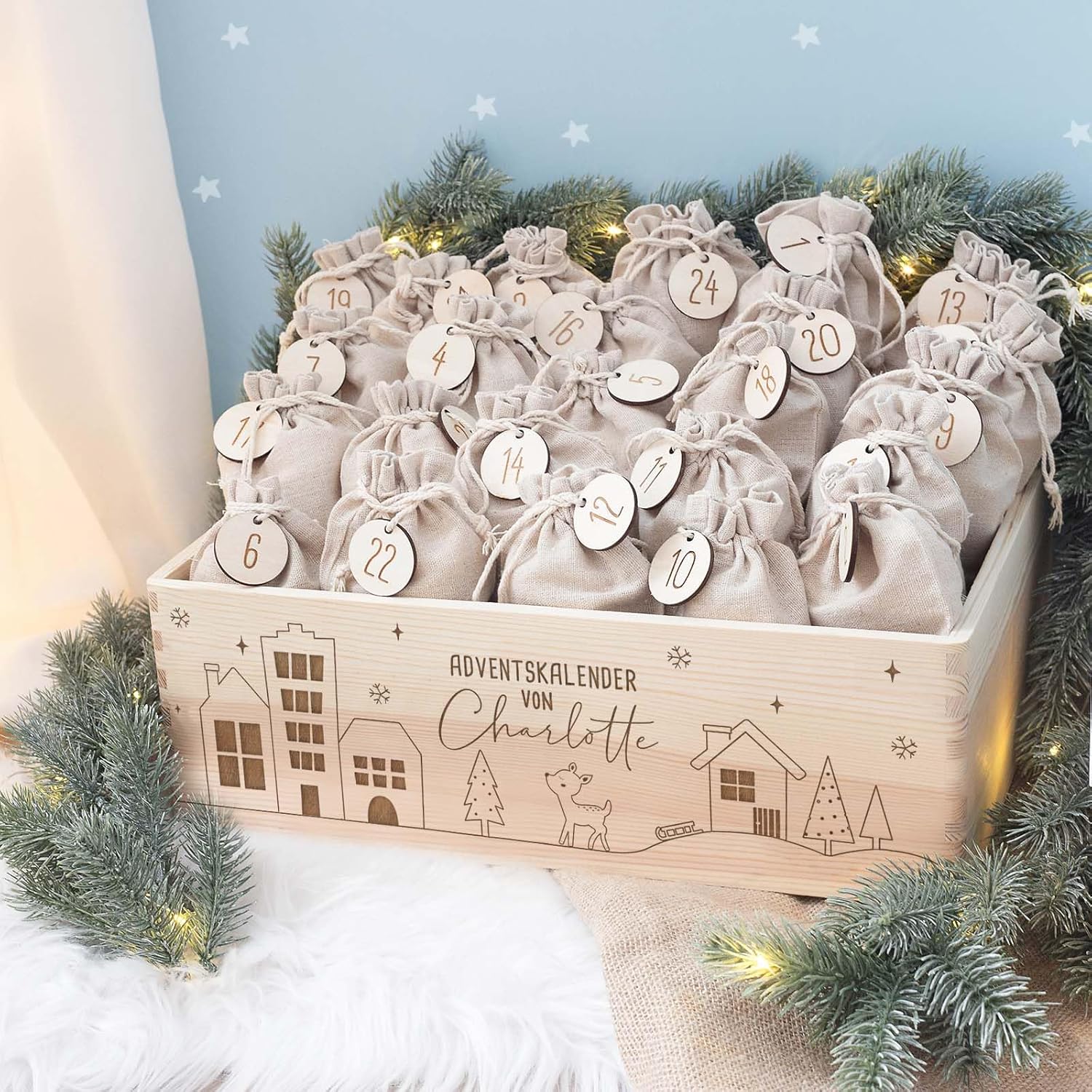 Personalized Advent Box - Wooden Advent Calendar with Name - Engraving Calendar DIY - Christmas Calendar for Children - Hello Mini (Winter Landscape)