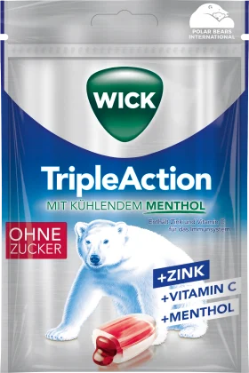 WICK candy, triple action with menthol, filled, sugar-free, 72 g
