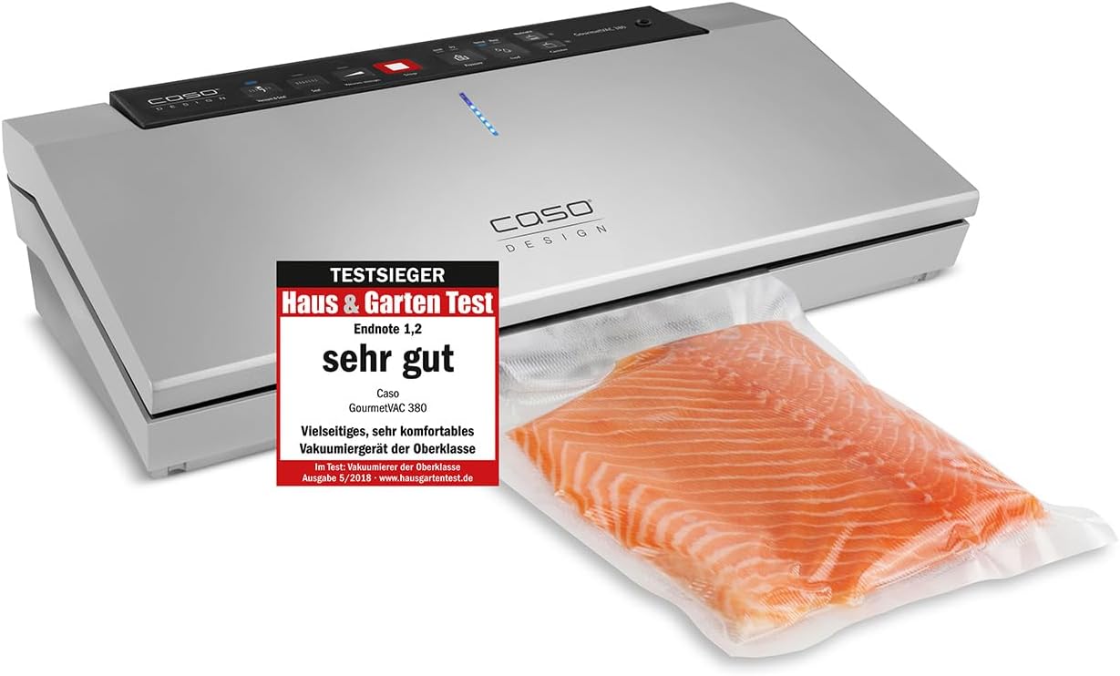 CASO GourmetVAC 380 Vacuum Sealer Vacuum Sealer Test Winner Home & Garden Test Double Weld Piston Pump (15 L/min), Adjustable Vacuum Strength & Welding Time, Includes 10 Bags 20 x 30 cm