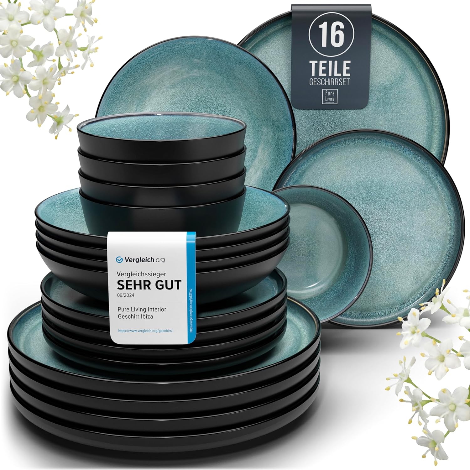 Ibiza Stoneware Crockery Set for 4 People, 16 Pieces, Test Winner, Dreamlike Mediterranean Stoneware Crockery Set, Bowl and Plate Set, Dinner Service for 4 People, Pure Living Crockery Sets in Petrol