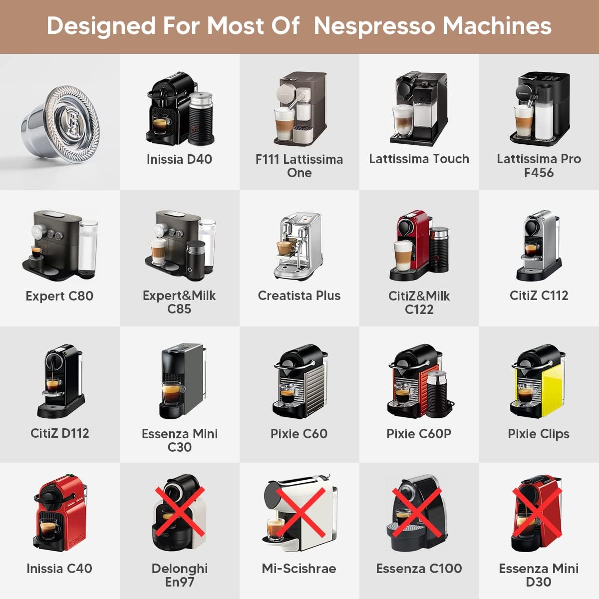 i Cafilas Reusable Coffee Capsules Stainless Steel 2-in-1 Dosing Filter, Coffee Capsules for Nespresso Coffee Machines + 1 Spoon + 1 Brush
