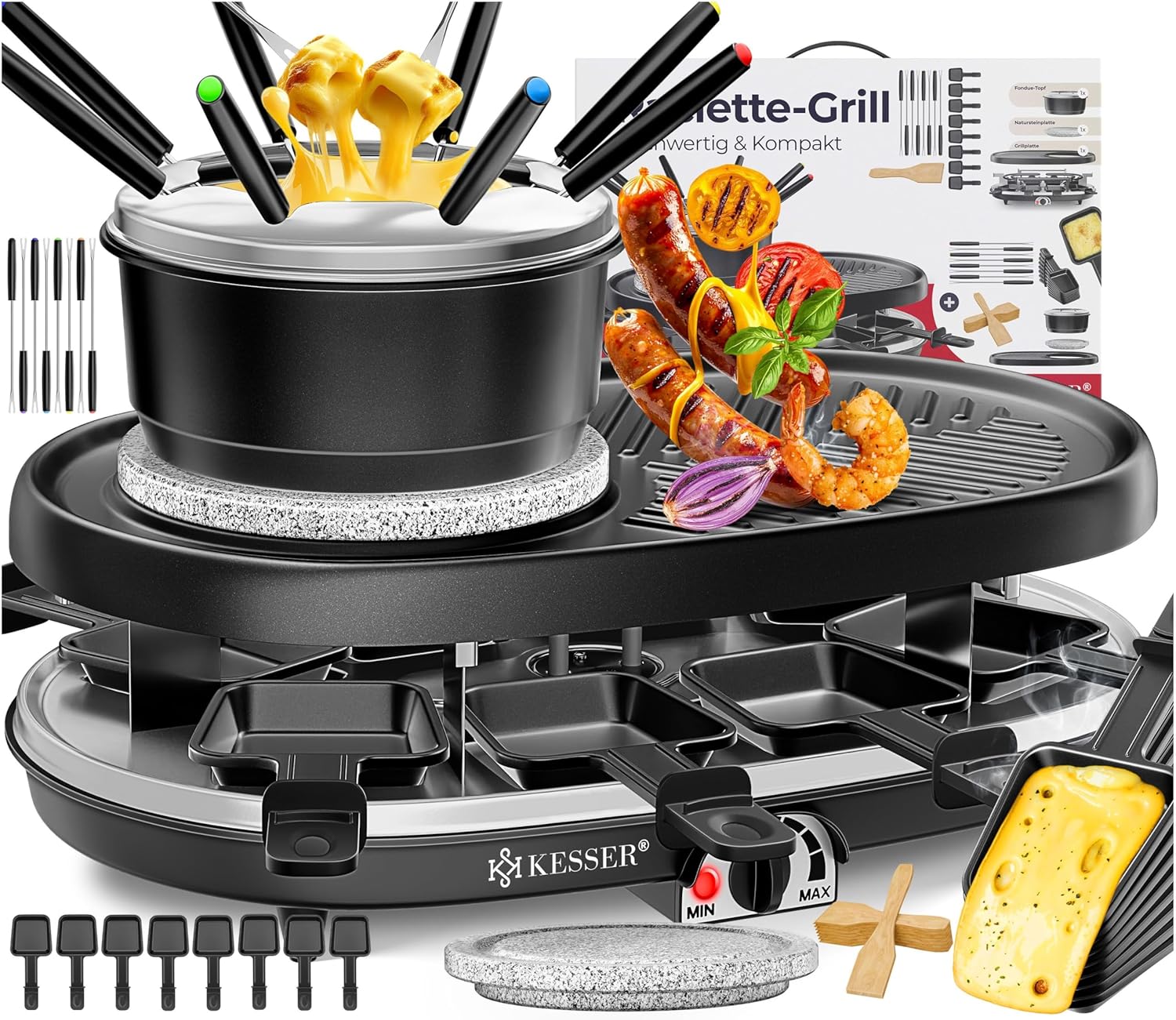 KESSER® 3-in-1 raclette grill with natural grill stone, grill plate and fondue, table grill for 8 people, electric grill raclette grill non-stick grill plate, 8 pans and wooden spatula