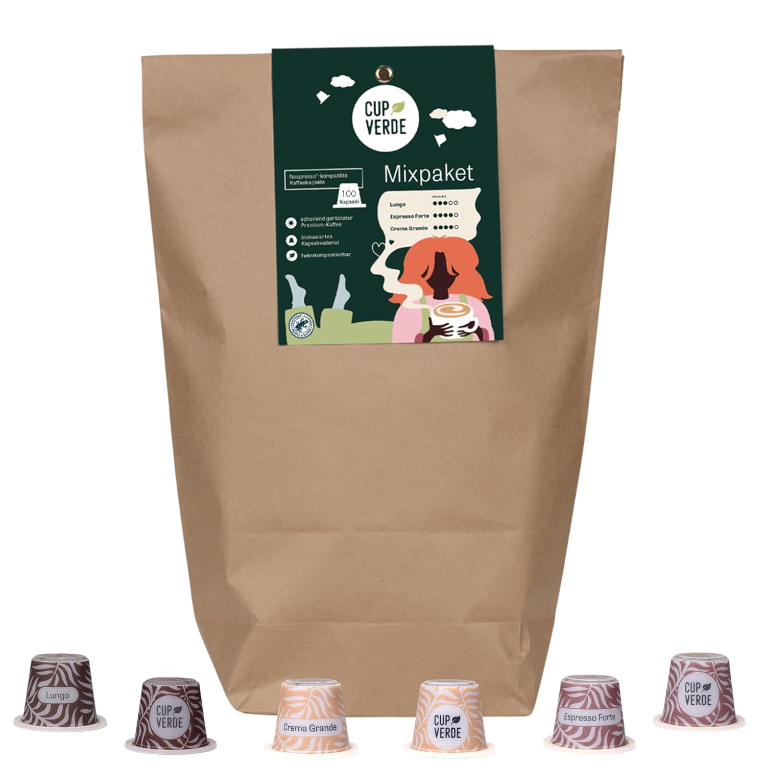 CUP VERDE – 100 Coffee Capsules Mix Pack Compatible with Nespresso * 3 Varieties - Cream - LUNGO - ESPRESSO/Home Compostable - Premium Coffee - Gently Roasted