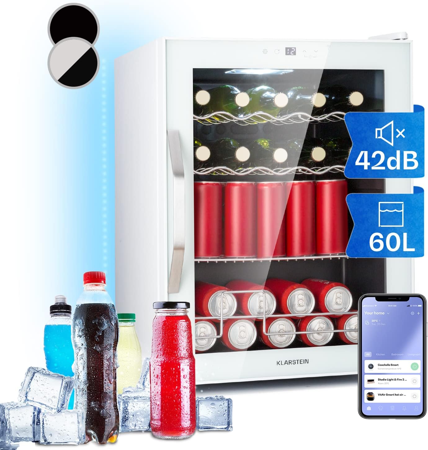 Klarstein Mini Fridge with Glass Door & LED, Mini Fridge for Room, Drinks Fridge Small with IoT/App Control, Small Fridge 60L, Indoor/Outdoor Fridge Quiet, 3-18°C