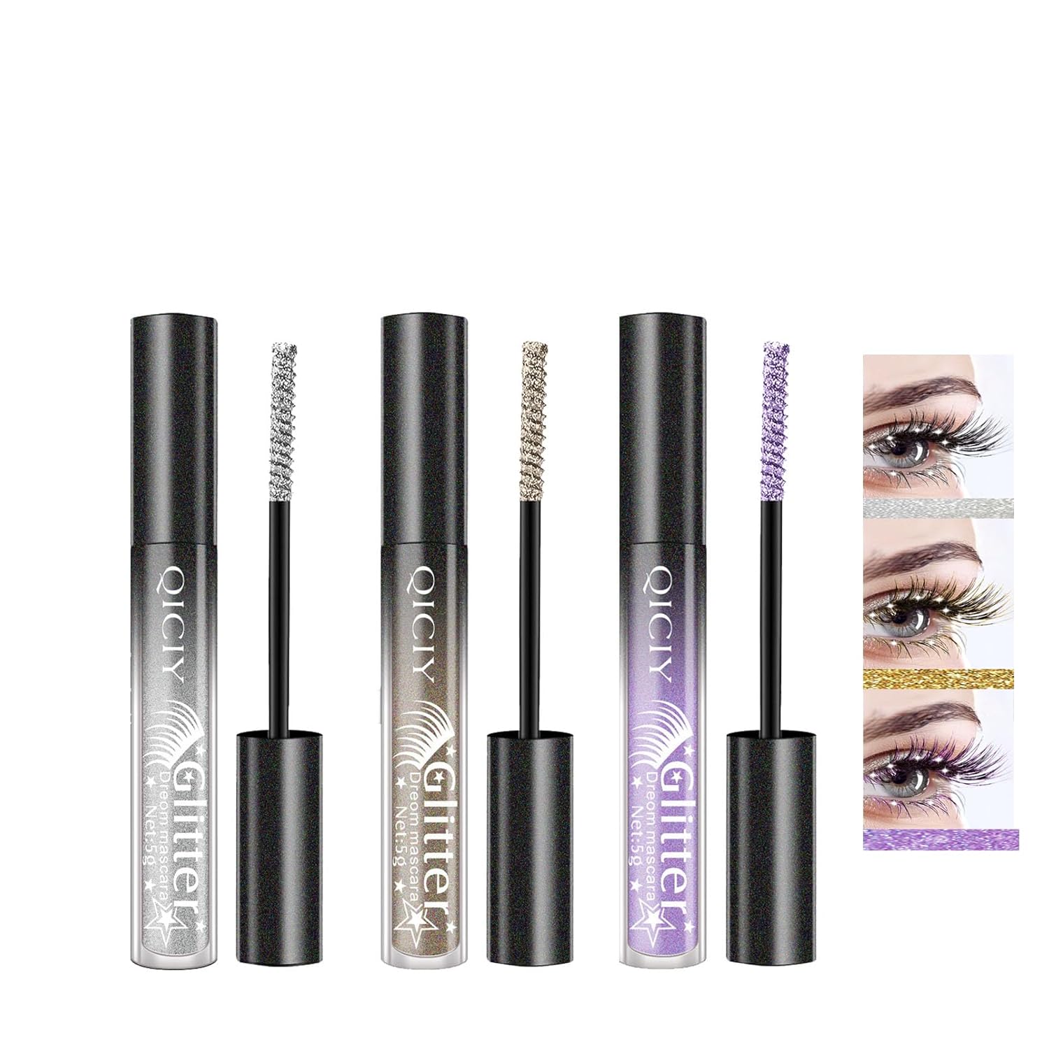 EONFAVE Glitter Mascara, 3 Colors Glitter Mascara, Purple Gold Silver Shimmer Glitter Mascara, Diamond Mascara for Extension and Volume, Waterproof, Sparkling Eye Make-up, for Party, Wedding