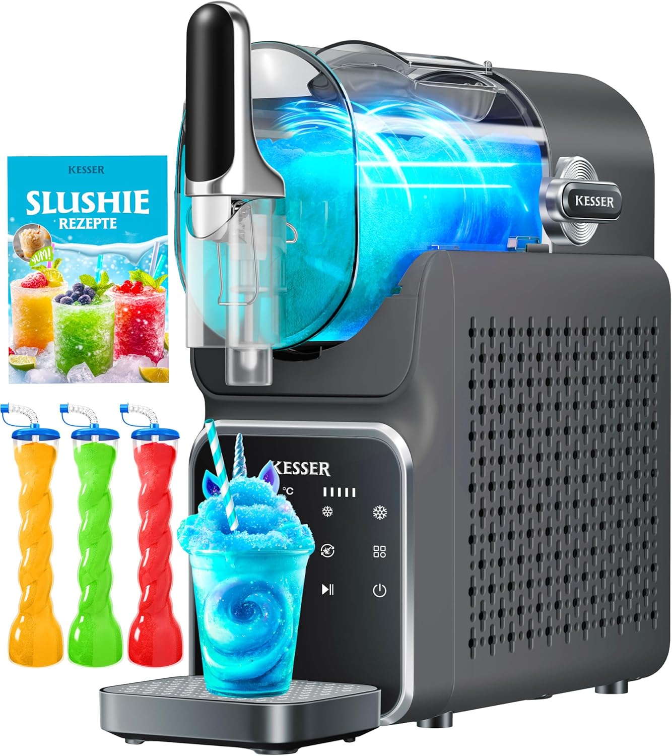 KESSER Slush Machine for Home - Slush Ice Maker 2L - for Slush, Ice Cocktails, Frappés, Milkshakes & Frozen Juice - in 25 Minutes & with 6 Programs - Includes 3 x Cups & Recipe Book, Anthracite