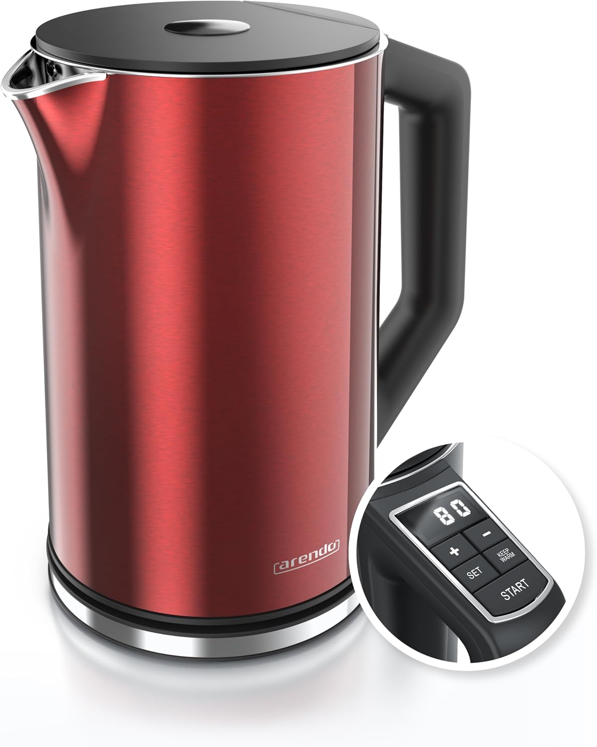 Arendo - Stainless Steel Kettle with Temperature Setting 40-100 Degrees in 5 Steps - Double Wall Design - Elegant Model - 1.5 Liter - 2200 W - Tea Maker with Temperature Display - GS - Red