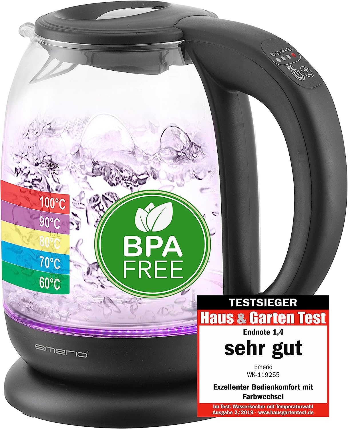 Emerio WK-119255 Glass Kettle With Temperature Selection (60 ° C / 70 ° C / 90 ° C / 100 ° C), BPA-Free, Run-Dry Protection, Auto-Off, 2200 Watts, Stainless Steel, 1.7 Litres