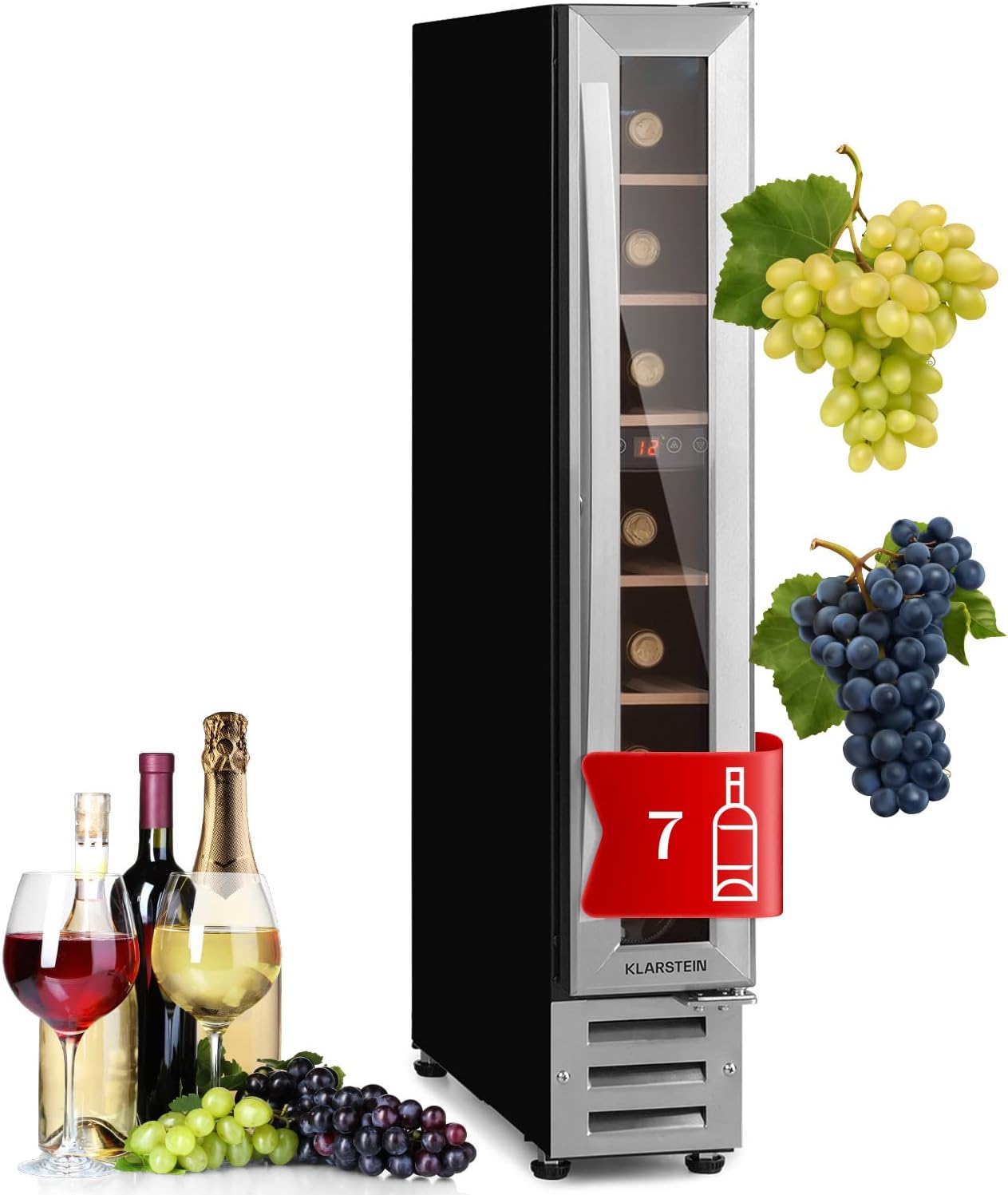 Klarstein Vinovilla Wine Fridge, 1-Zone Drinks Refrigerator, Slim, Quiet Fridge with Glass Door, Bottle Refrigerator, Small, Wine Cabinet for Drinks, Wine Cooler 5-22°C, 20 Liters, 7 Bottles