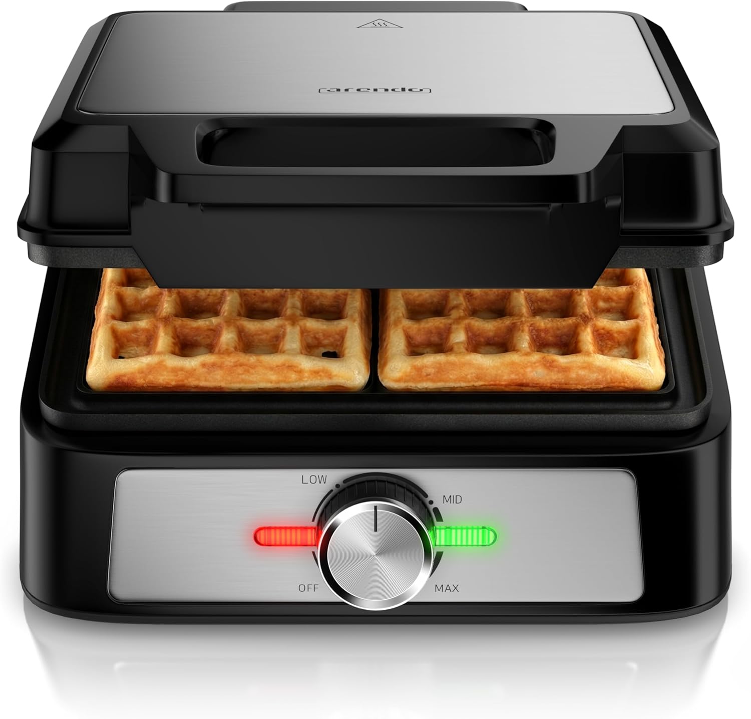 Arendo - Double waffle iron for Belgian waffles - with browning setting - 1600 watts - square waffle iron - indicator lights - non-stick coating - black silver design