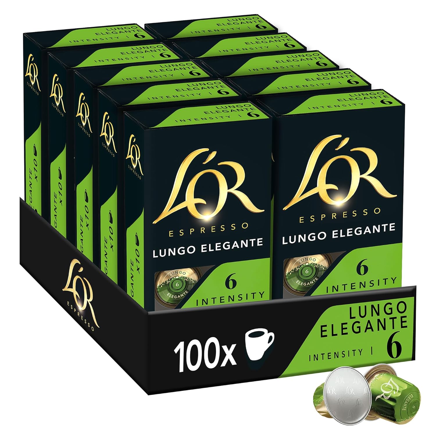L'OR L\'OR Lungo Elegant Coffee Capsules, 100 Nespresso®* Compatible Capsules, Pack of 10, 10 x 10 Drinks
