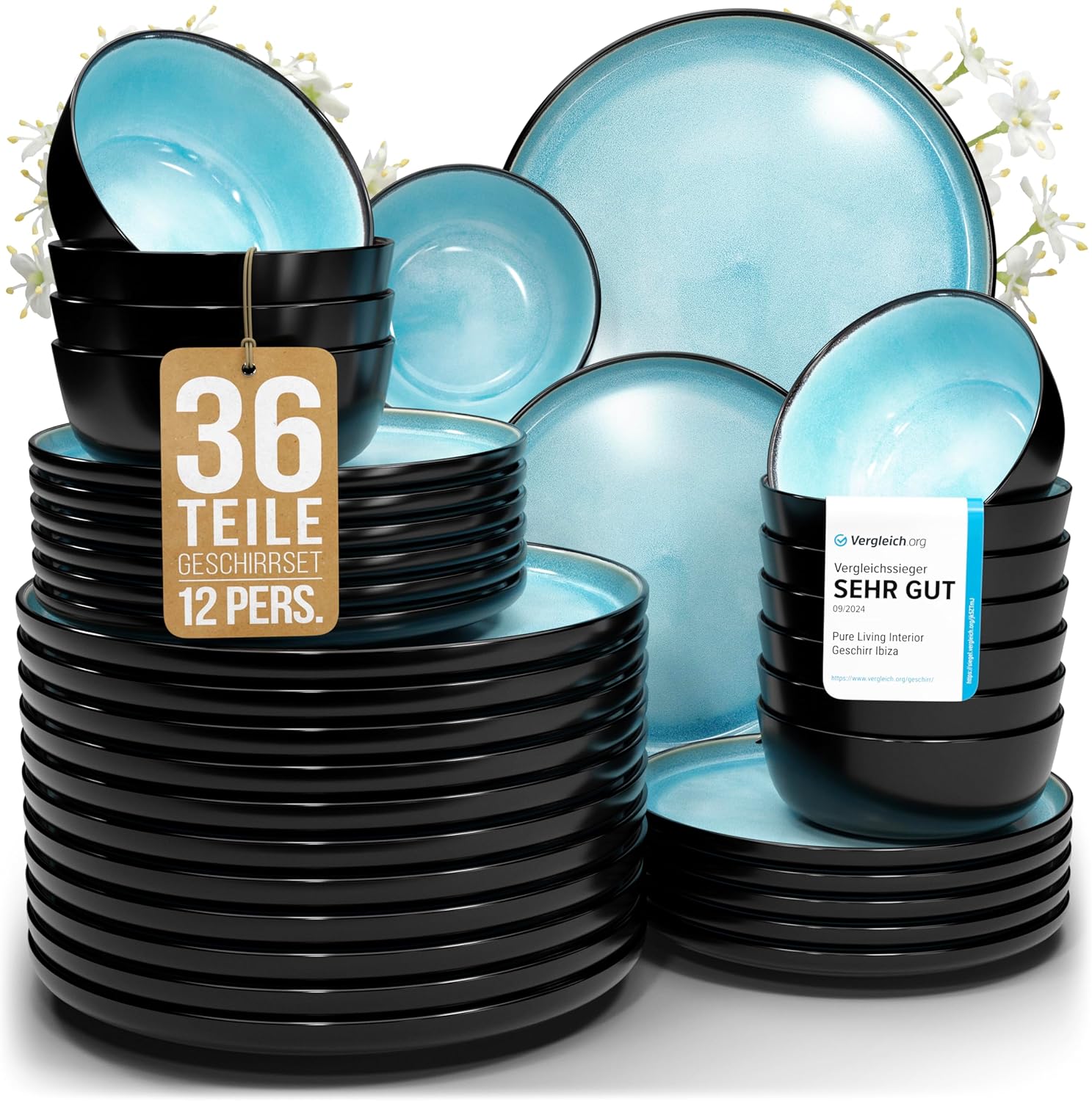 Pure Living Ibiza Stoneware Crockery Set for 12 People, 36-Piece Mediterranean Stoneware Tableware Set, ‘Very Good’ in Test, Bowl and Plate Set, Dinner Service for 12 People, Aquamarine