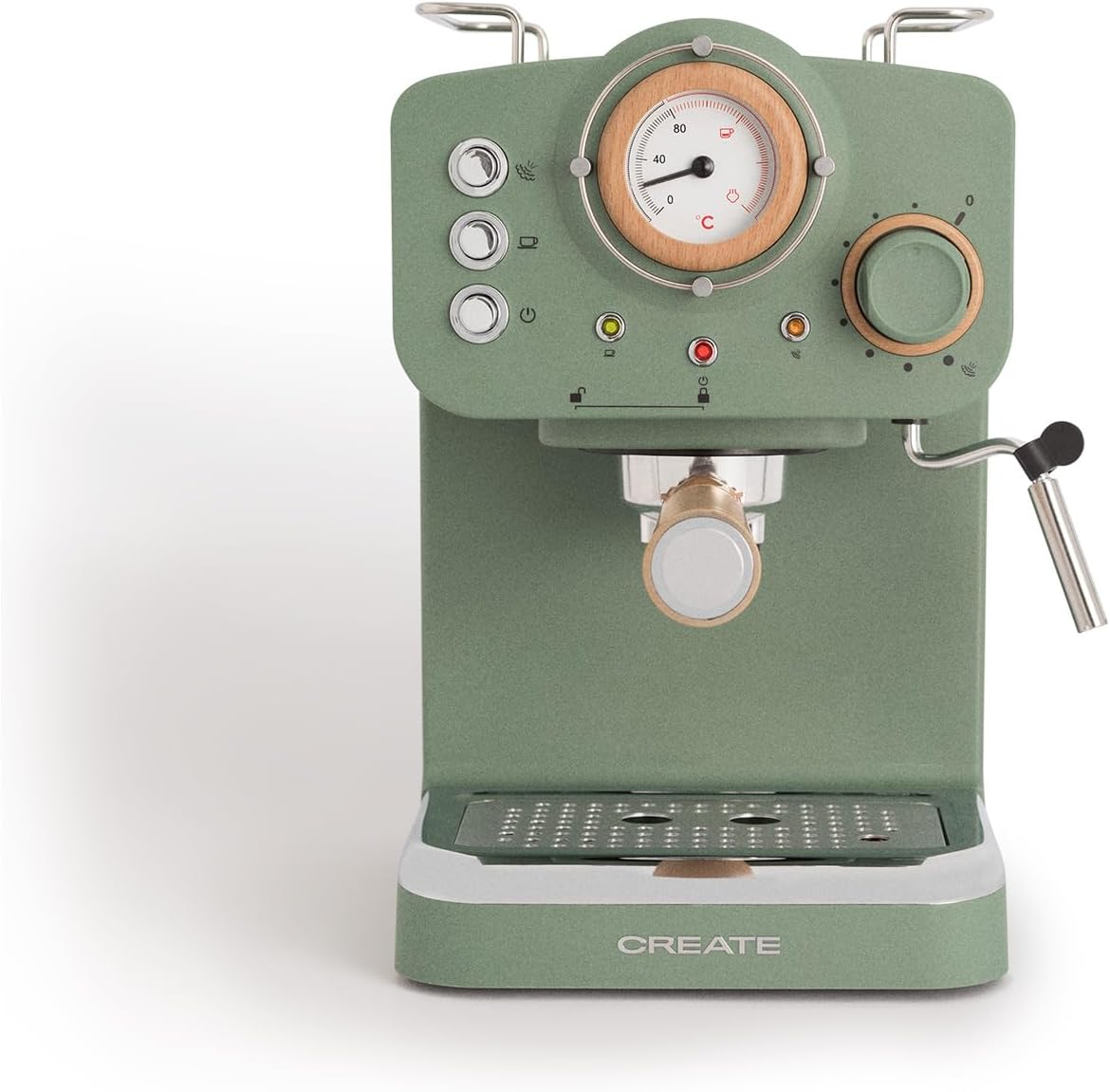 CREATE Thera Matte Retro Espresso Machine Green Sage and Wood Semi-Automatic with a 15 Bar Pressure Pump and 1100 W Power, 1.25 L Water Container, for Ground Coffee, 55 mm ESE Pads