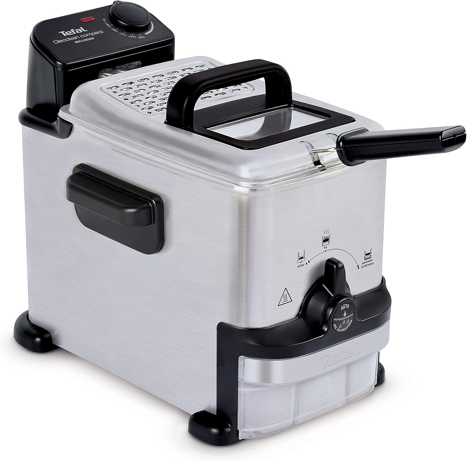 Tefal Oleoclean Compact Electric Fryer, 2L Oil Capacity, Fryer with Oil Filtration, Dishwasher Safe Parts, Viewing Window, Adjustable Temperature, Black, Stainless Steel, FR7016
