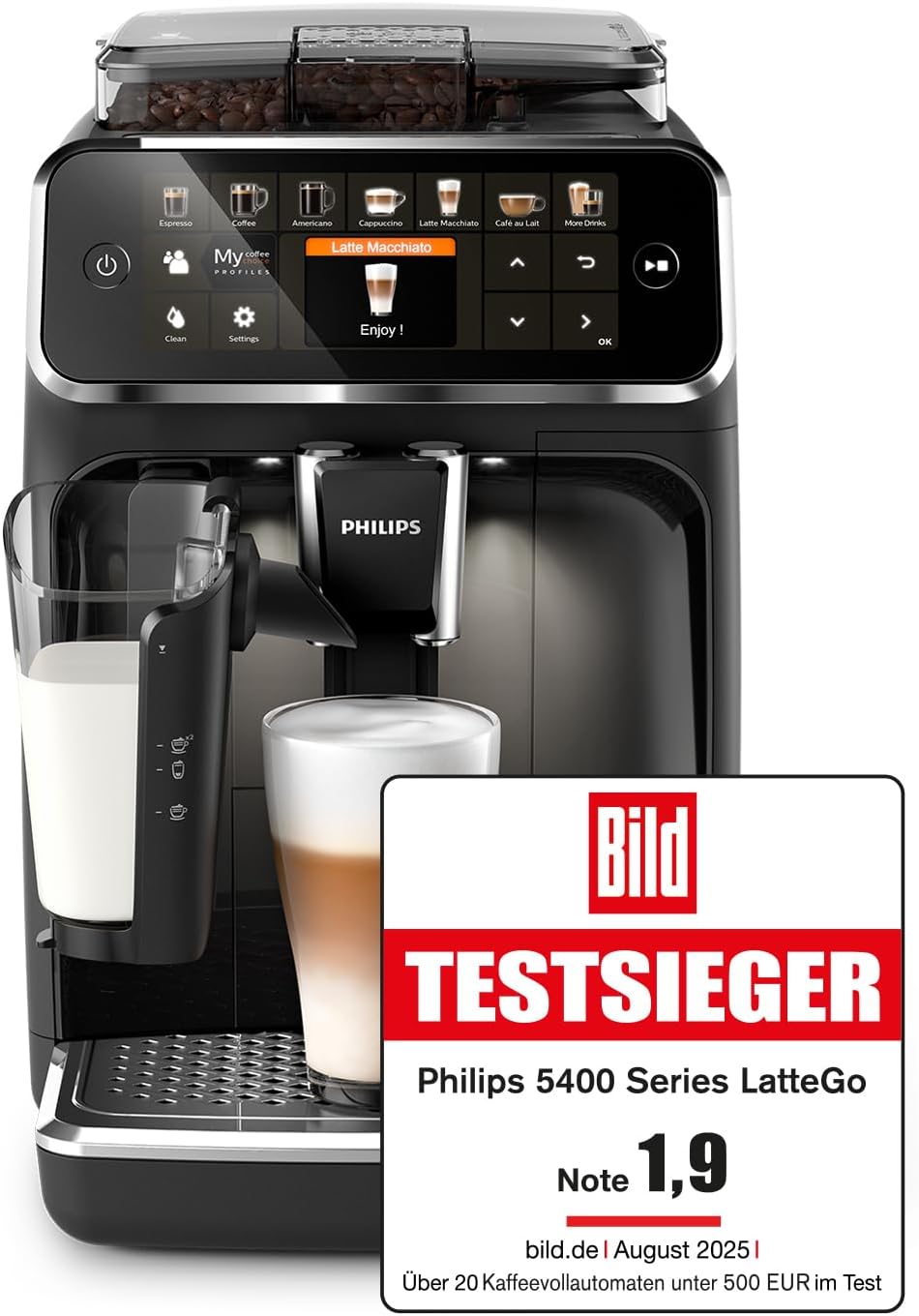 Philips Series 5400 Fully Automatic Coffee Machine - LatteGo Milk System, 12 Coffee Specialties, Intuitive Display, 4 User Profiles, Black (EP5441/50)