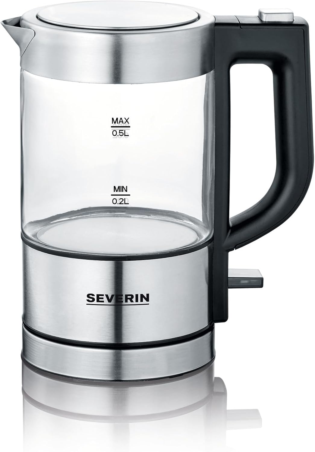 SEVERIN Mini Glass Kettle 0.5 L, Powerful and Compact in High-Quality Design, Electric Kettle with Limescale Filter, Stainless Steel/Black, WK 3472