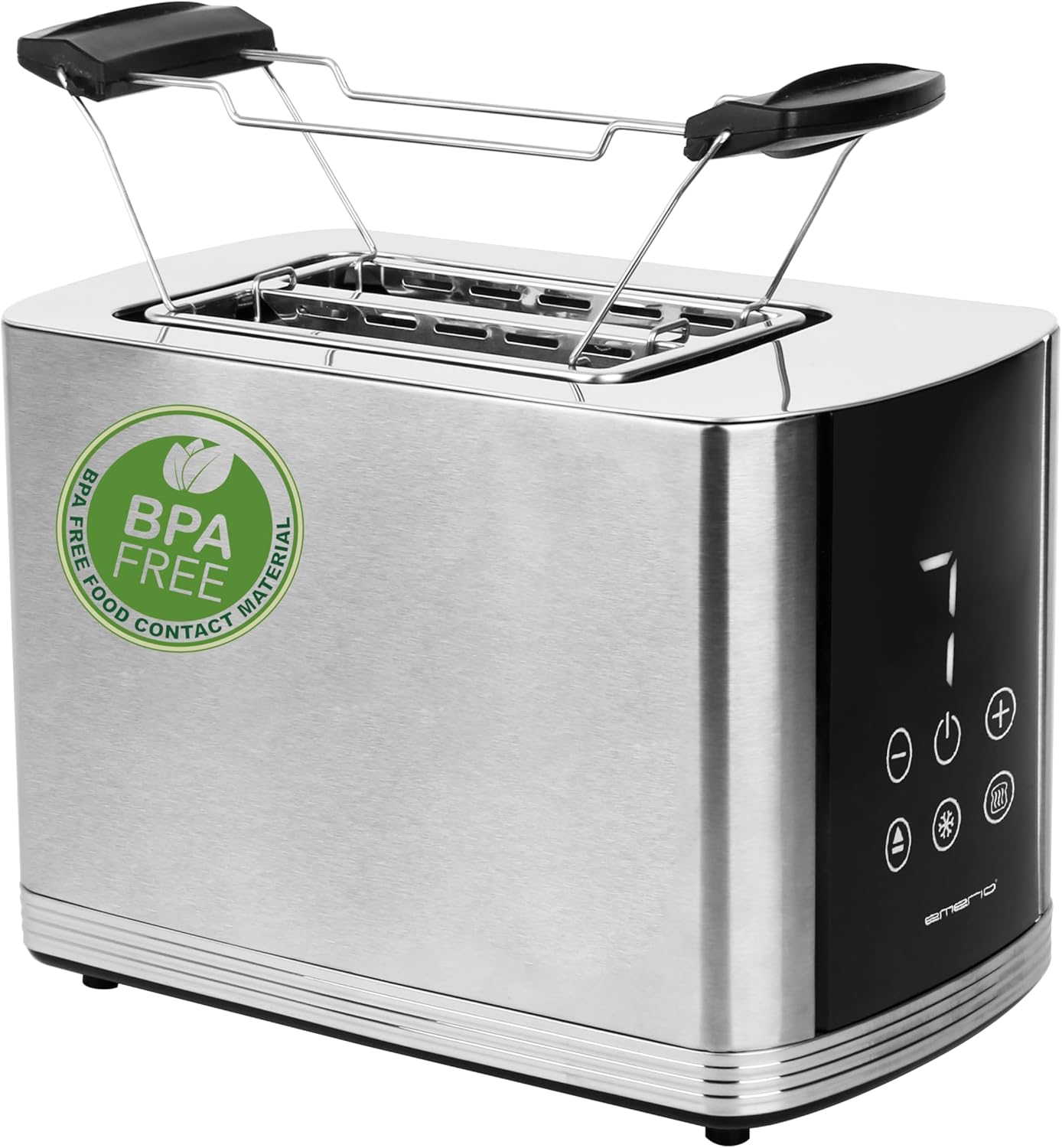 EMERIO TO-128308 Stainless Steel Toaster with Large Display | 2 Toast Slots | Automatic Centring | Crumb Drawer | Cancel / Defrost / Heating | 7 Browning Levels | Bun Attachment | BPA-Free | 800 W |