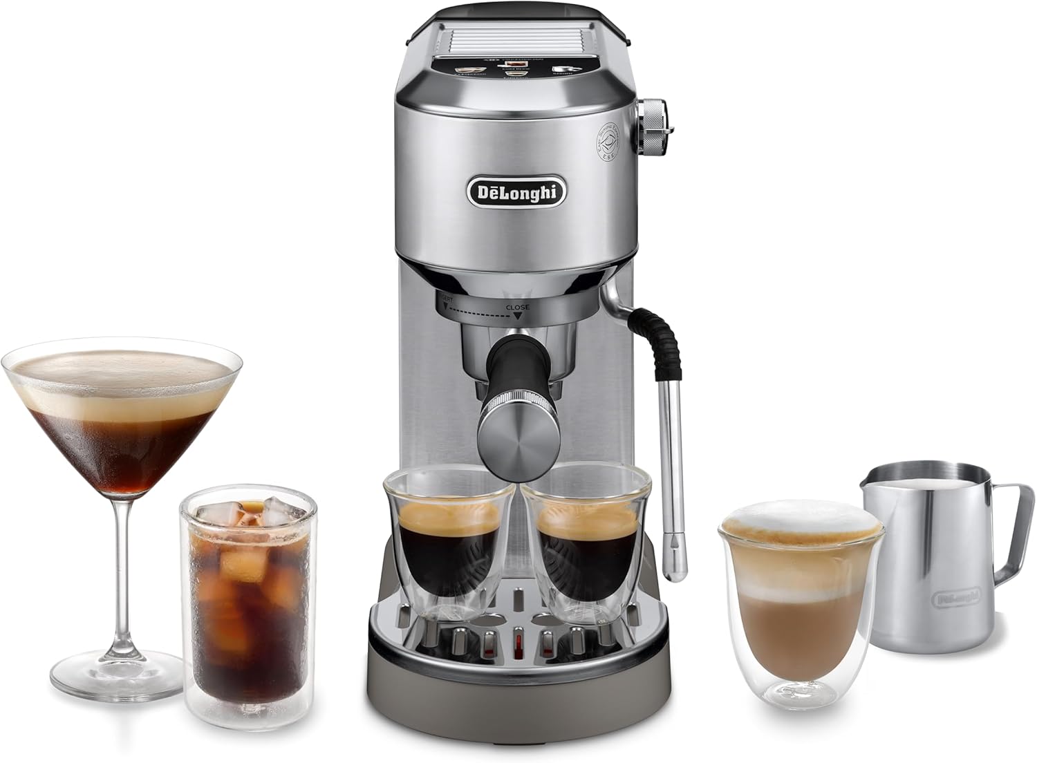 De\'Longhi Dedica Duo - Perfetto Compact Portafilter Espresso Machine with Soft Touch Icons, Manual Milk Frother for Espresso, Cappuccino and Cold Brew, 15 cm Wide, Metal (EC890.M)